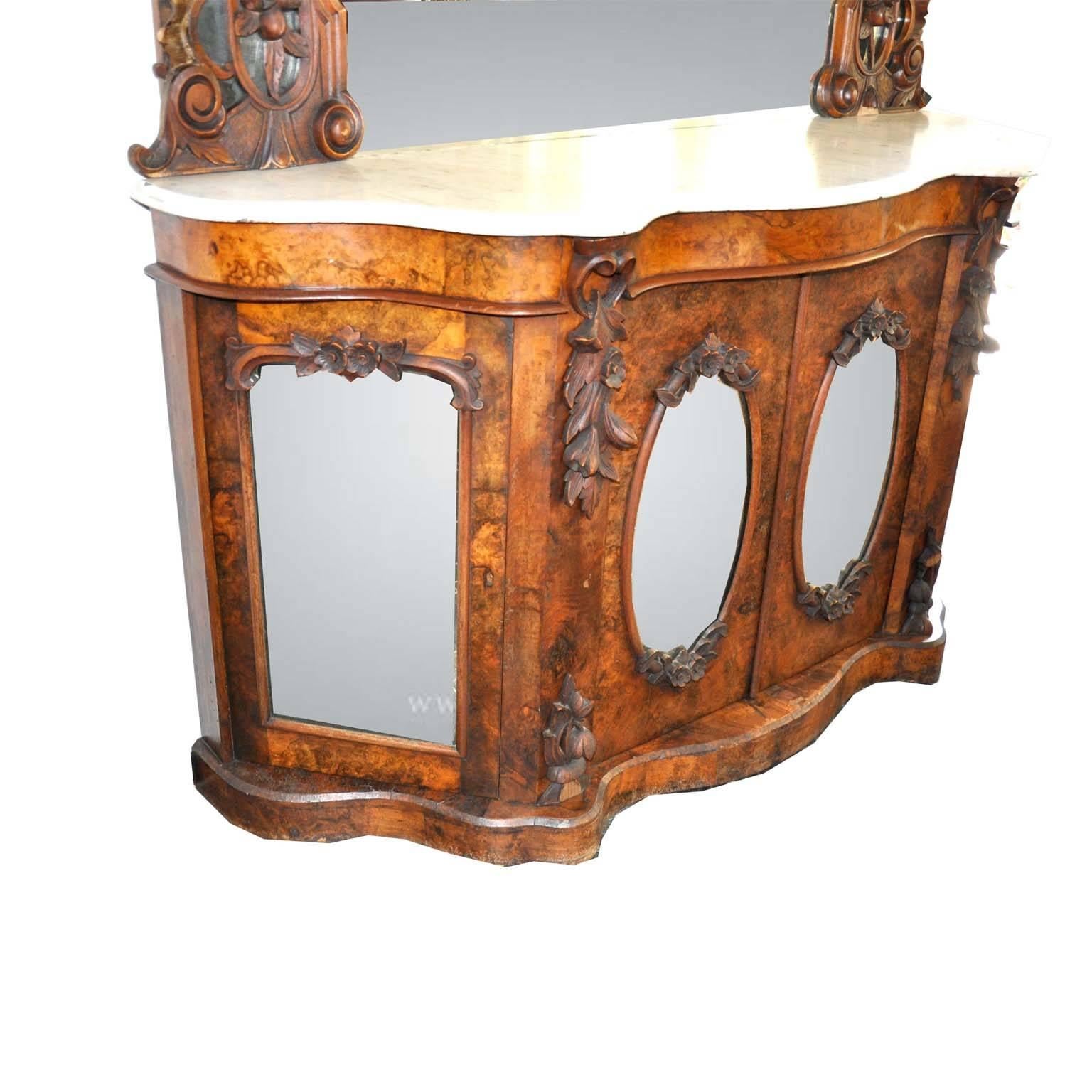 Victorian Antique Walnut and Marble Mirror Cabinet or Chiffonier For Sale