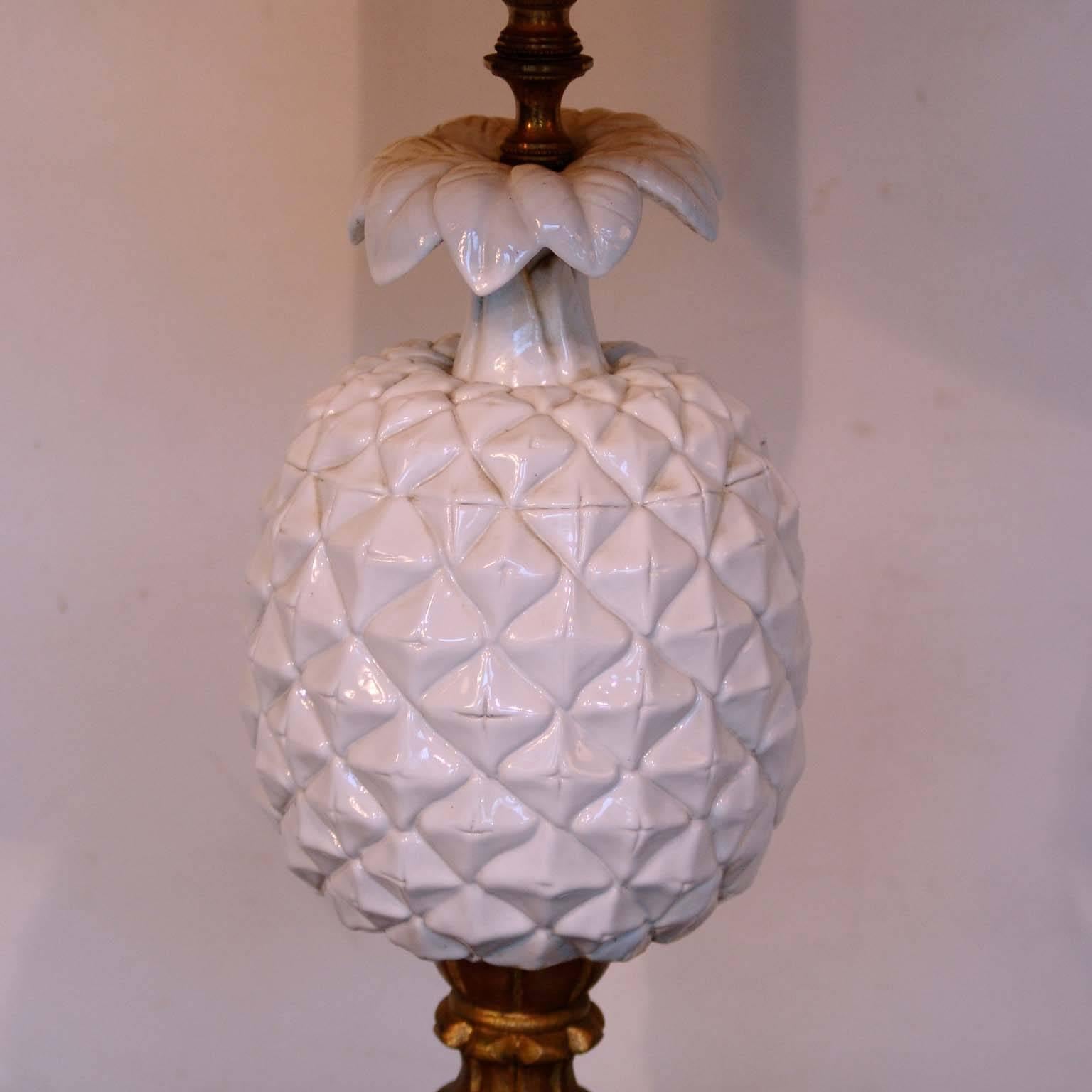 Hollywood Regency Marbro Style Antique Giltwood Table Lamp with Ceramic Pineapple For Sale