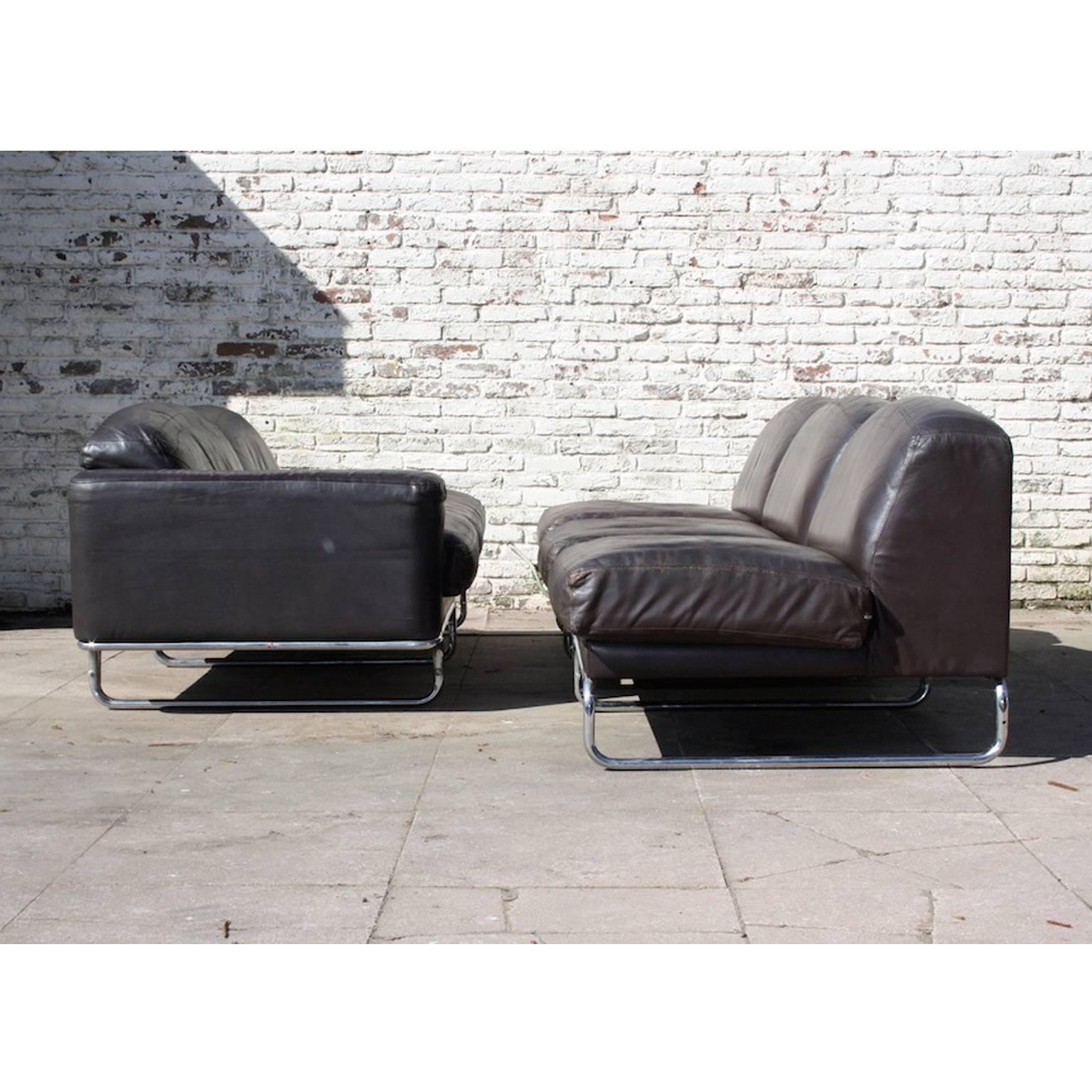 Late 20th Century Vintage Leather and Steel Modular Sofa by Topform, Dutch Design, 1970s