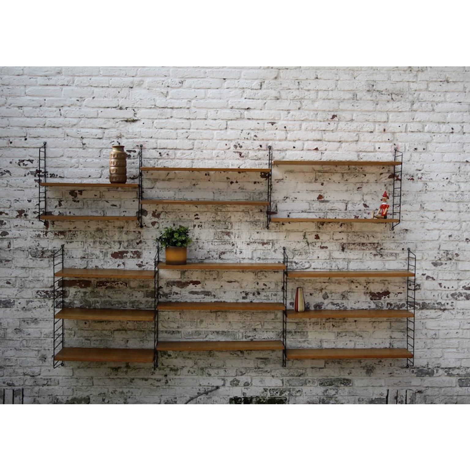 Scandinavian Modern Nisse String Style Wall Unit in Pinewood and Black Metal, 1960 For Sale