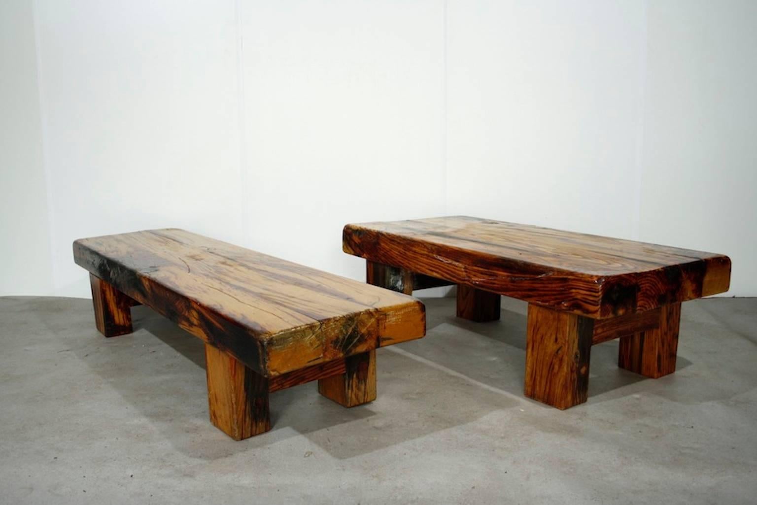 Dutch Set of Brutalist Solid Oak Bench and Side Table, 1970s For Sale