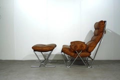 Midcentury Cognac Leather and Tubular Chrome Lounge Chair with Ottoman