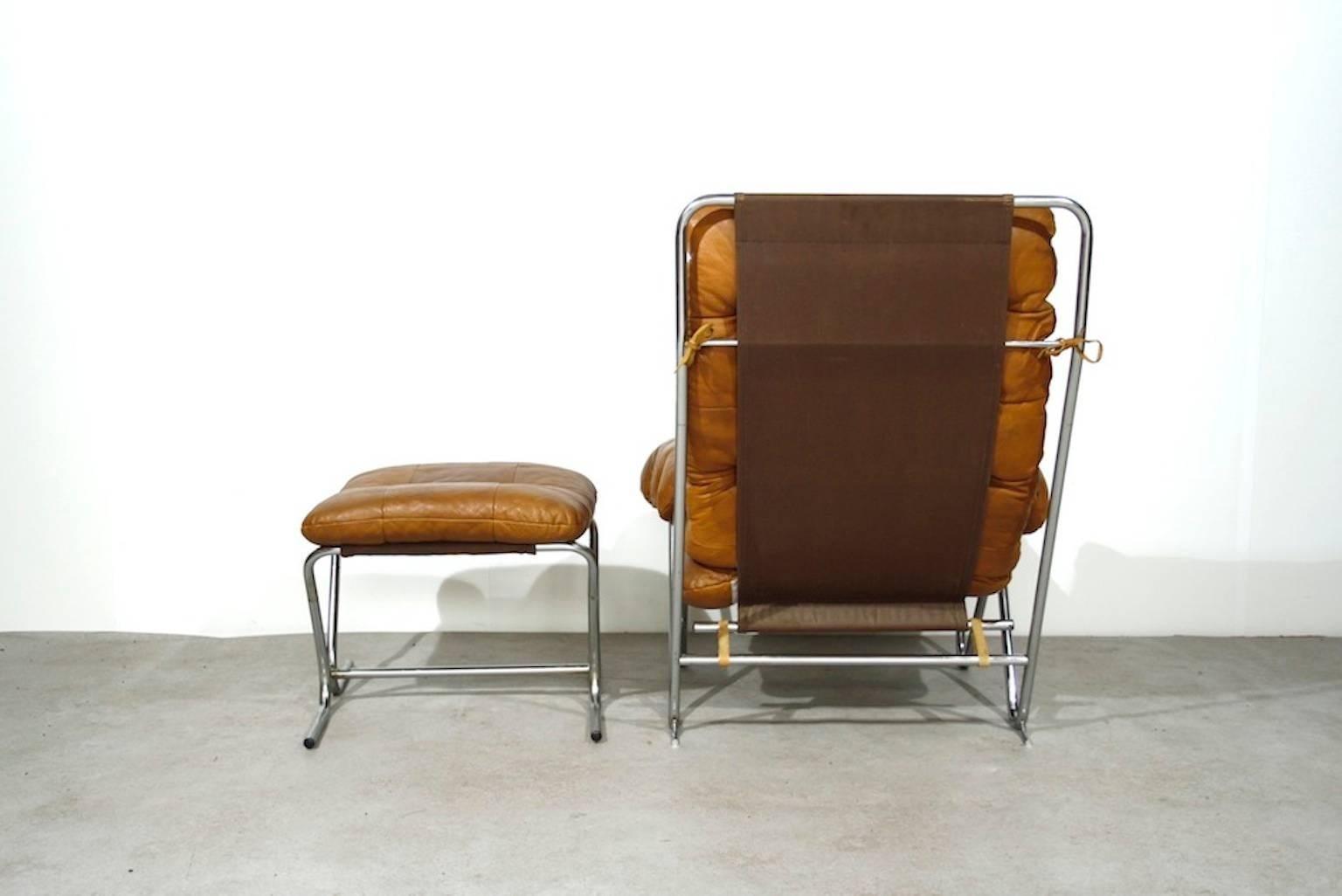 Scandinavian Modern Midcentury Cognac Leather and Tubular Chrome Lounge Chair with Ottoman For Sale