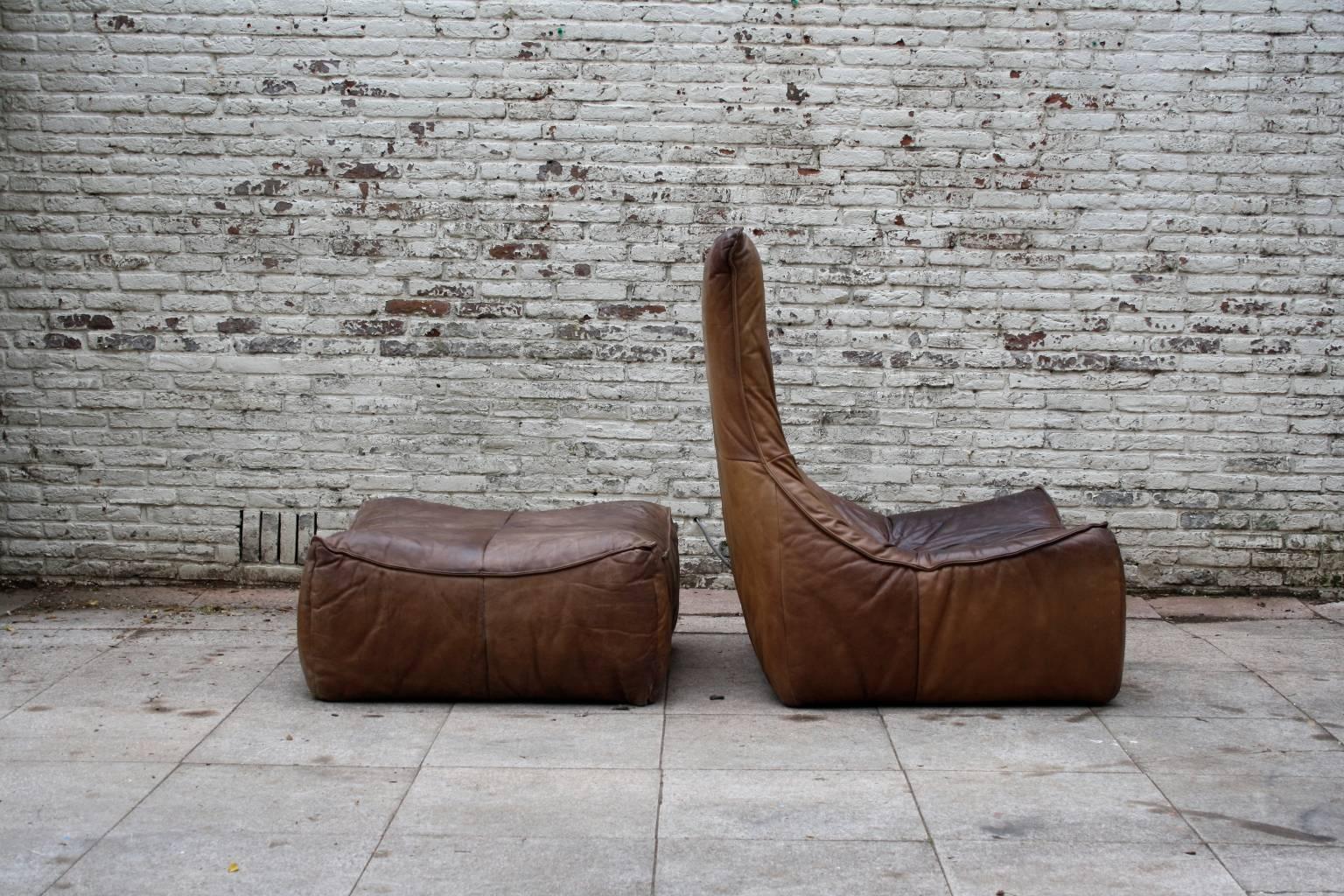 Leather “the Rock” Lounge Chair and Ottoman by Gerard Van Den Berg for Montis, Dutch 70’ For Sale