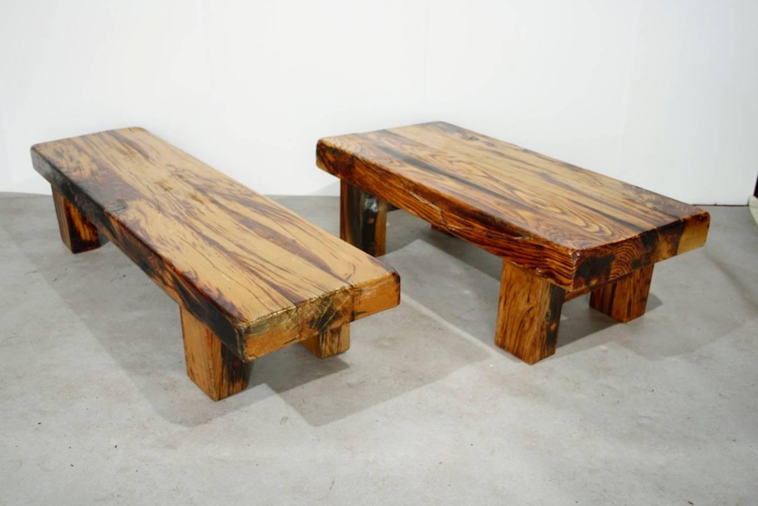 A beautiful set of an heavy wooden bench and coffee table.

These items are made of solid lacquered wood a have a very nice grain.

They remind us somewhat to the works of Perriand.

Measures: Bench: 160 cm long, 42 cm deep and 30 cm high
Side