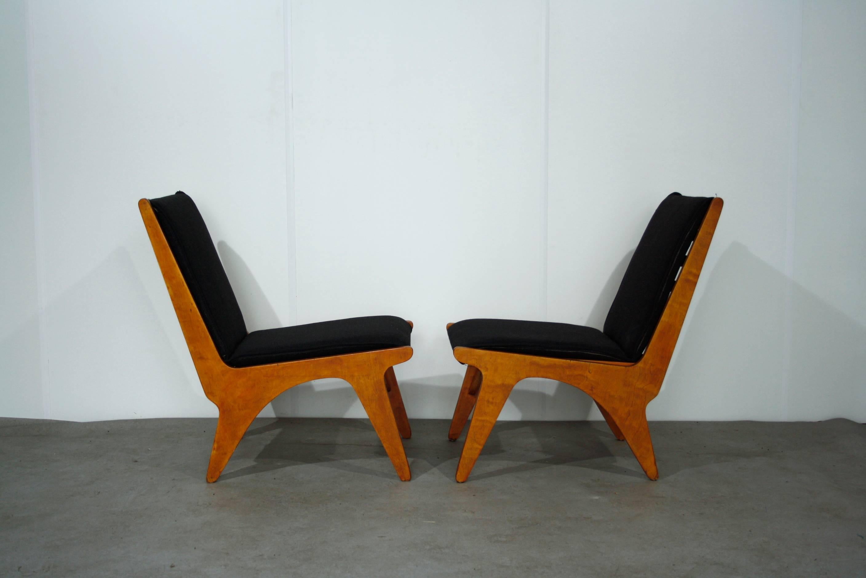 Early Dutch midcentury 't Spectrum lounge chairs by W. Van Gelderen.

In his early years, van Gelderen (1903-1992) was one of the designers of Dutch furniture company “Fabriek D3”, where he worked with architects and designers like Cor Alons, Paul