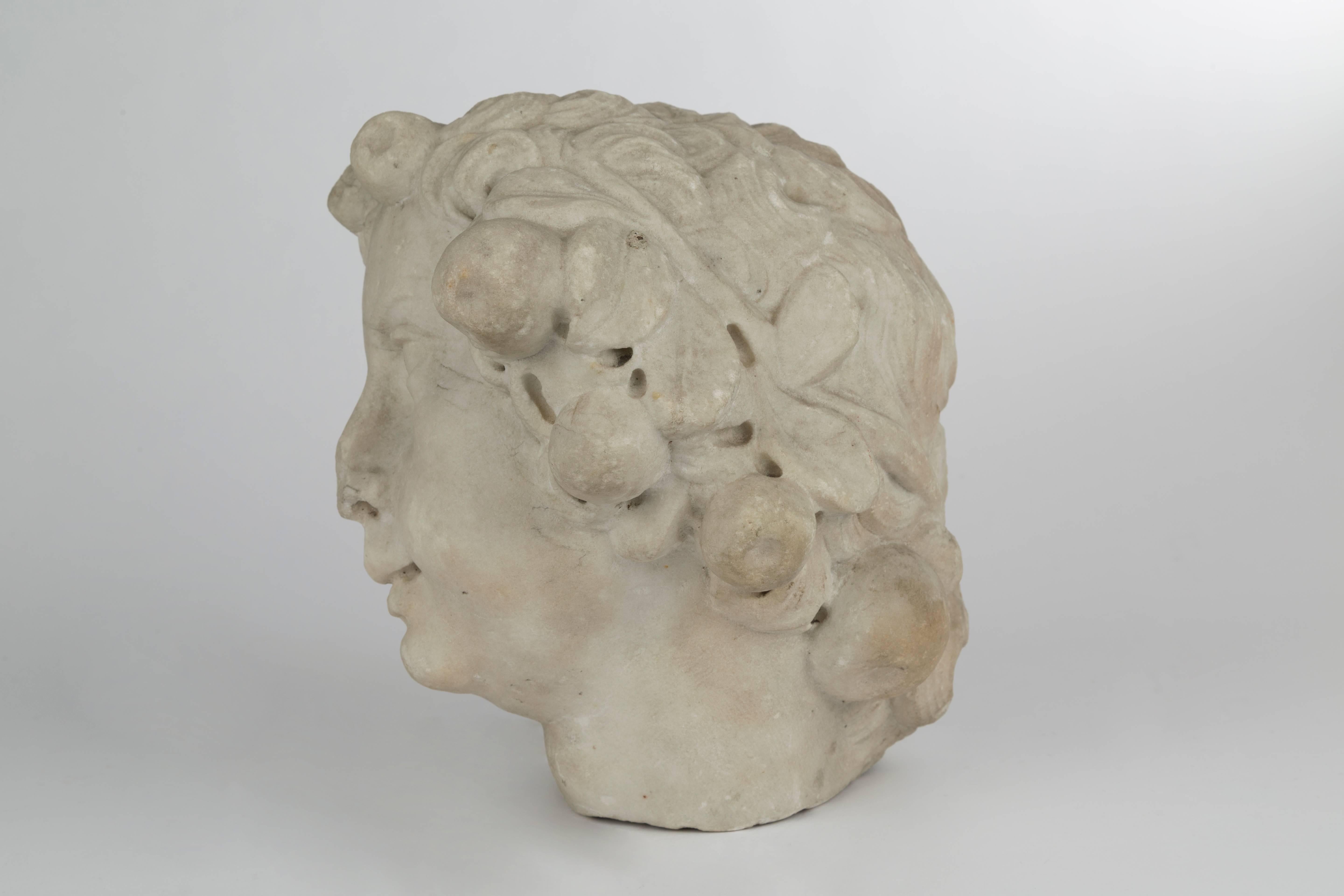 Carved Italian White Marble Head of a Bacchic Figure