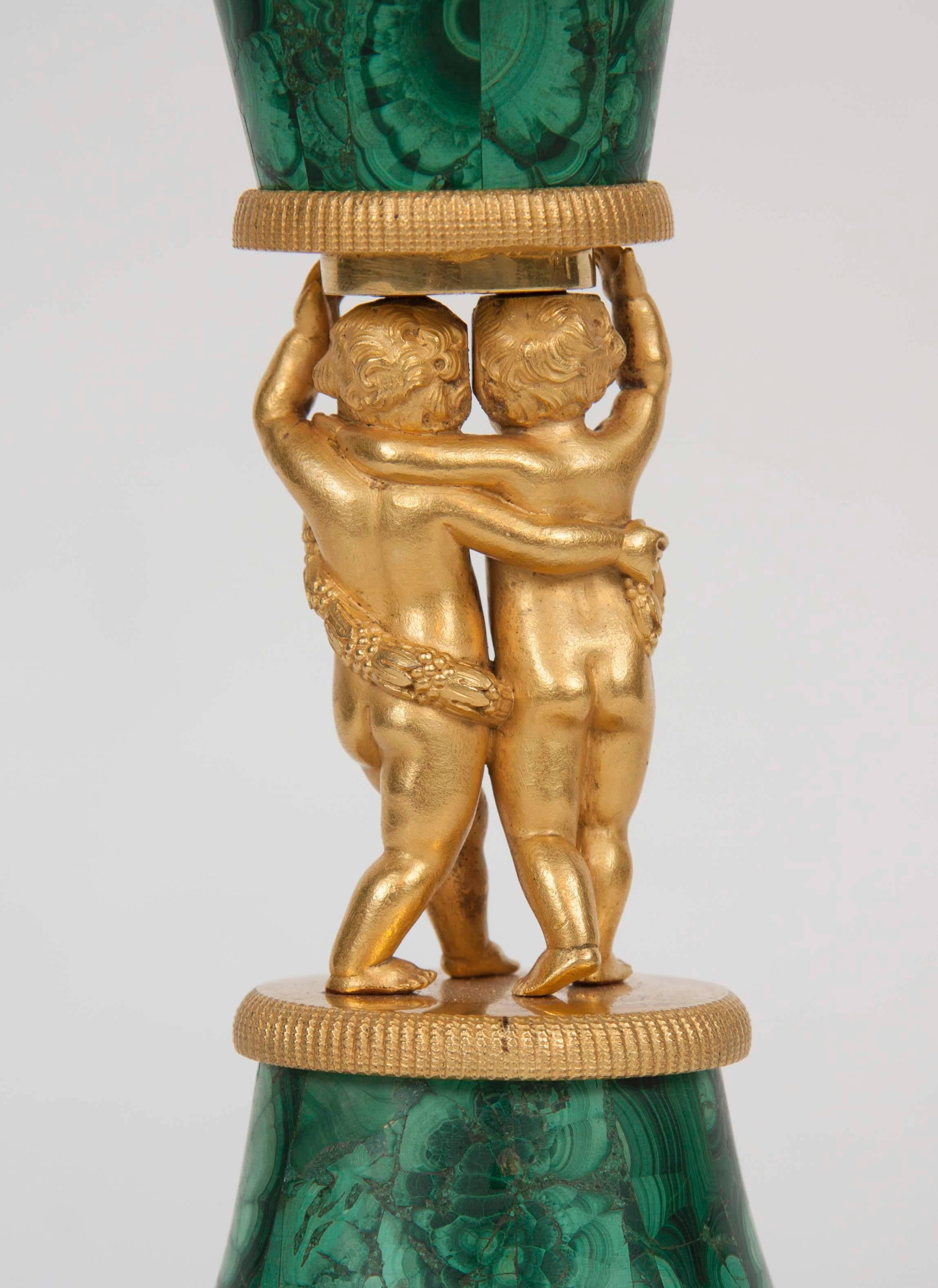 Russian Gilt Bronze and Malachite Covered Vase For Sale 1