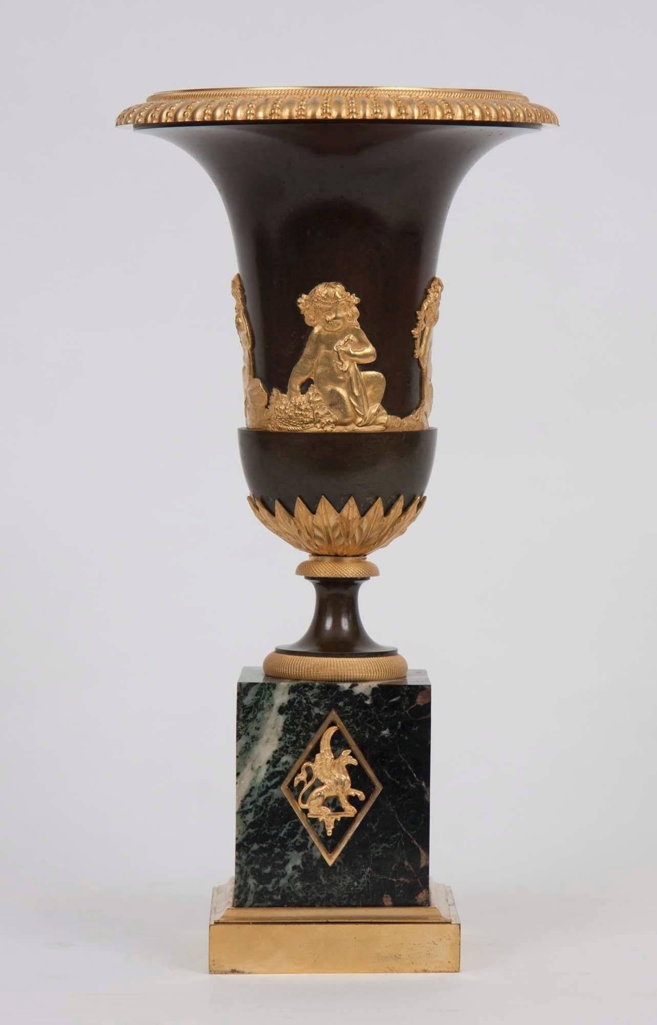 French Pair of Directorie Gilt Bronze-Mounted Urns