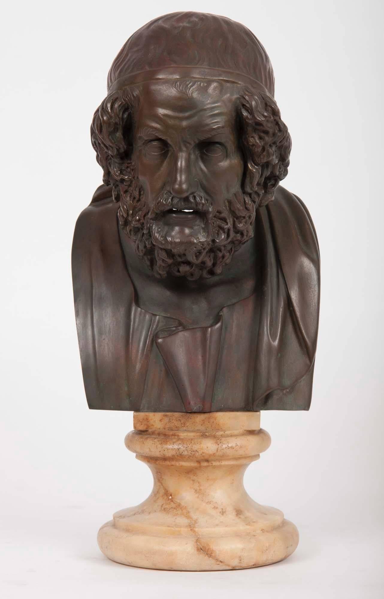 Bronze bust of Homer, after the antique, Neapolitan. Mounted on marble pedestal.
