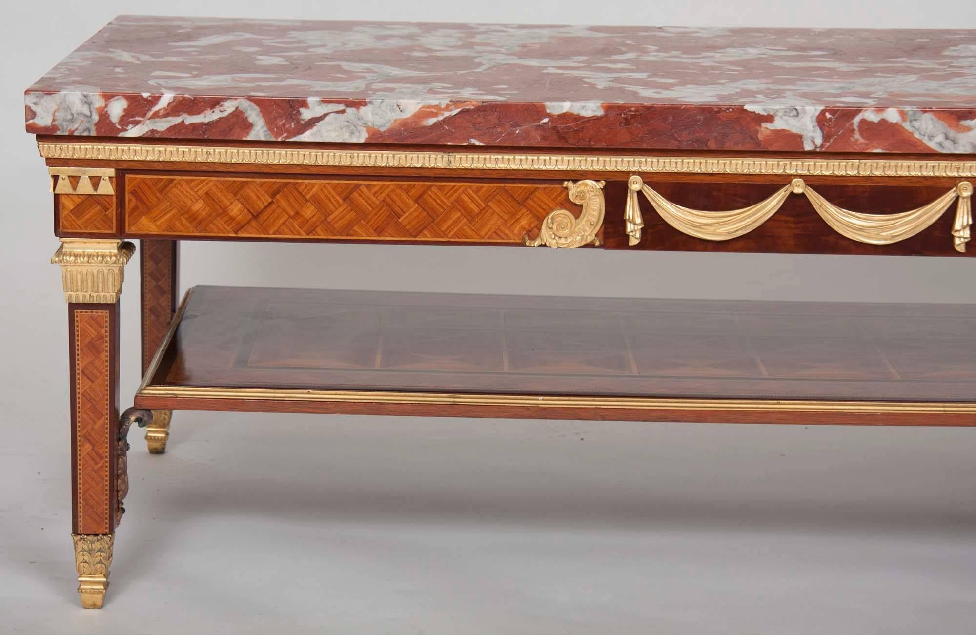 Hand-Carved 19th century  E.F. Caldwell Marquetry Ormolu Gilt Bronze Louis XVI Coffee Table For Sale