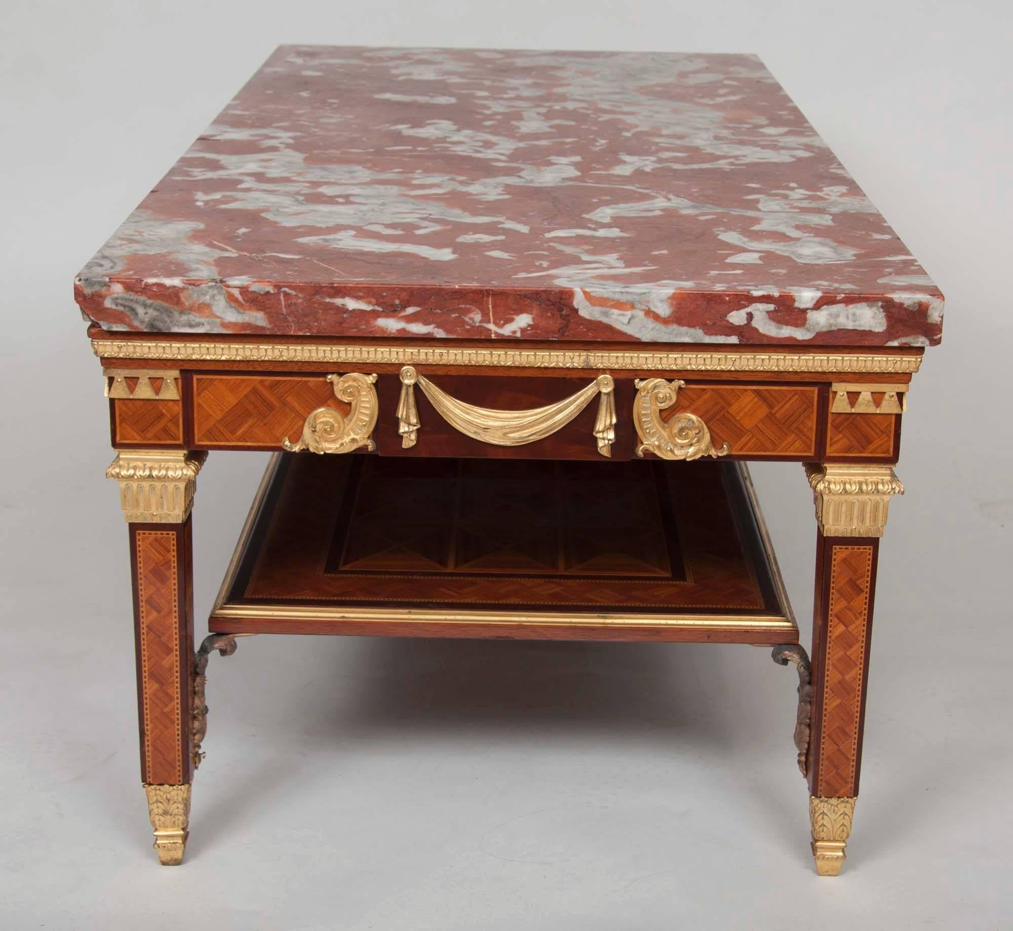 Marble 19th century  E.F. Caldwell Marquetry Ormolu Gilt Bronze Louis XVI Coffee Table For Sale