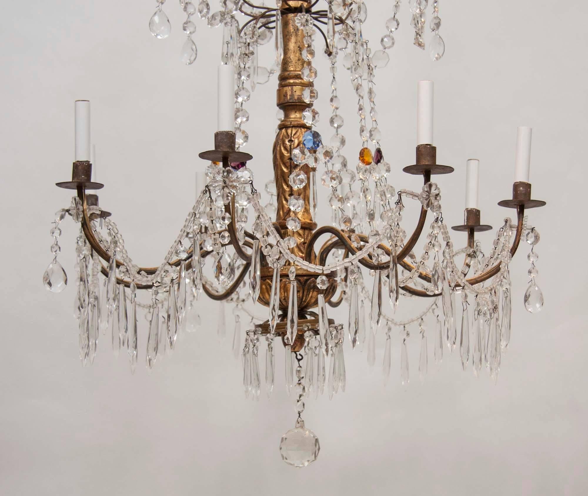 Hand-Carved Italian 18th Century Genovese Giltwood and Crystal Chandelier For Sale