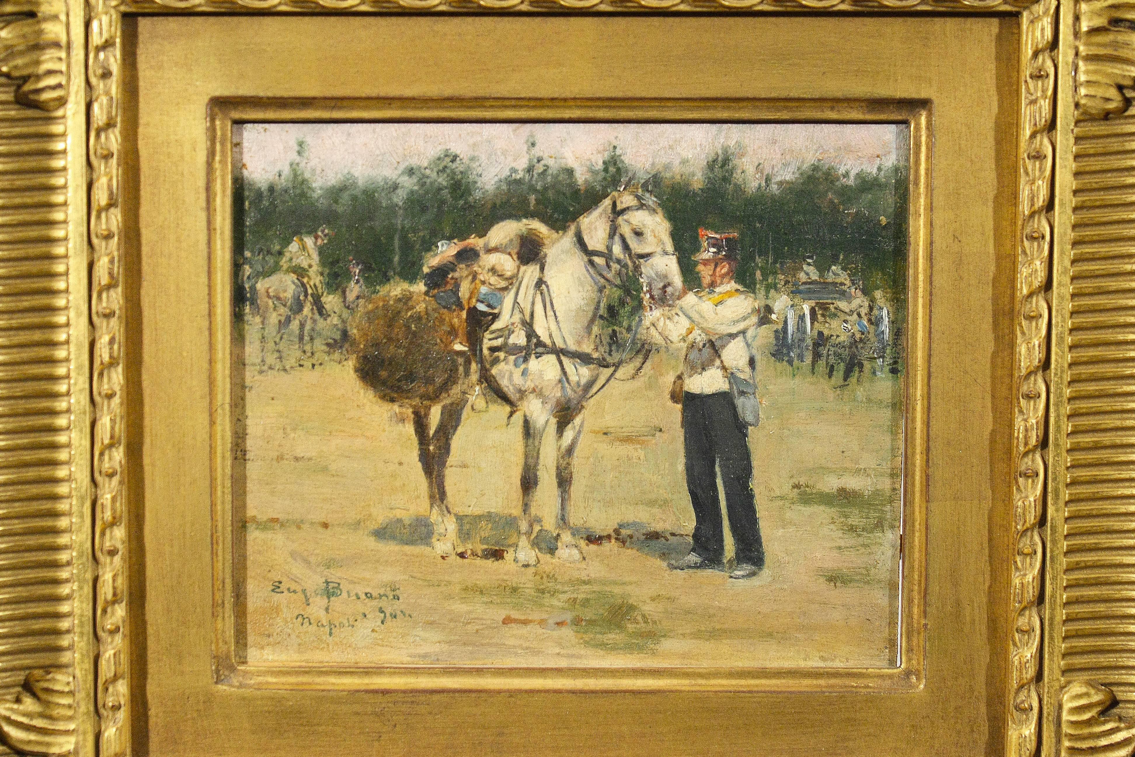 Eugenio Buono (1863-1954, Italian).
Soldier preparing his horse.
Oil on board.
 