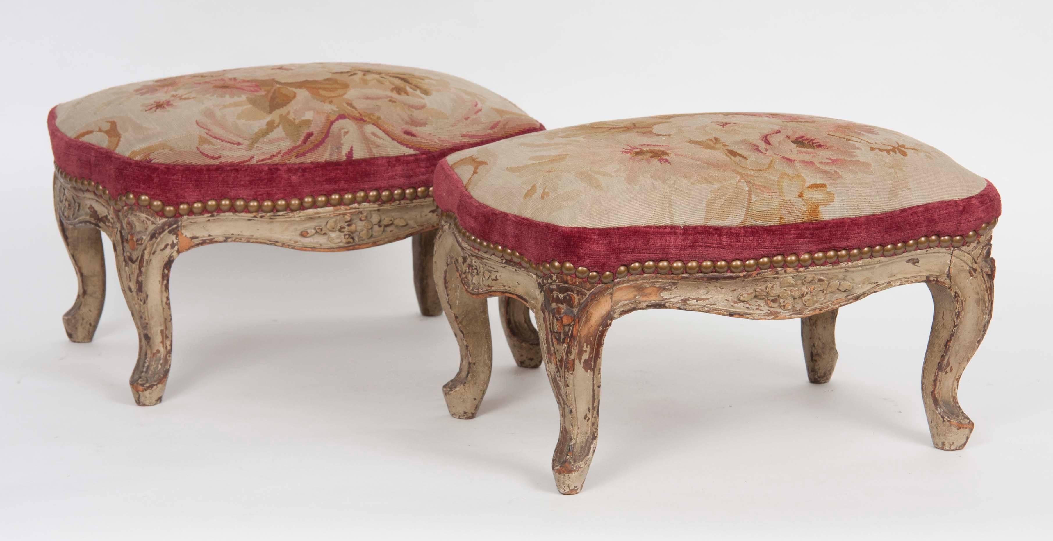 Pair of lacquer painted Aubusson tapestry footstools,
France, 18th century.
 