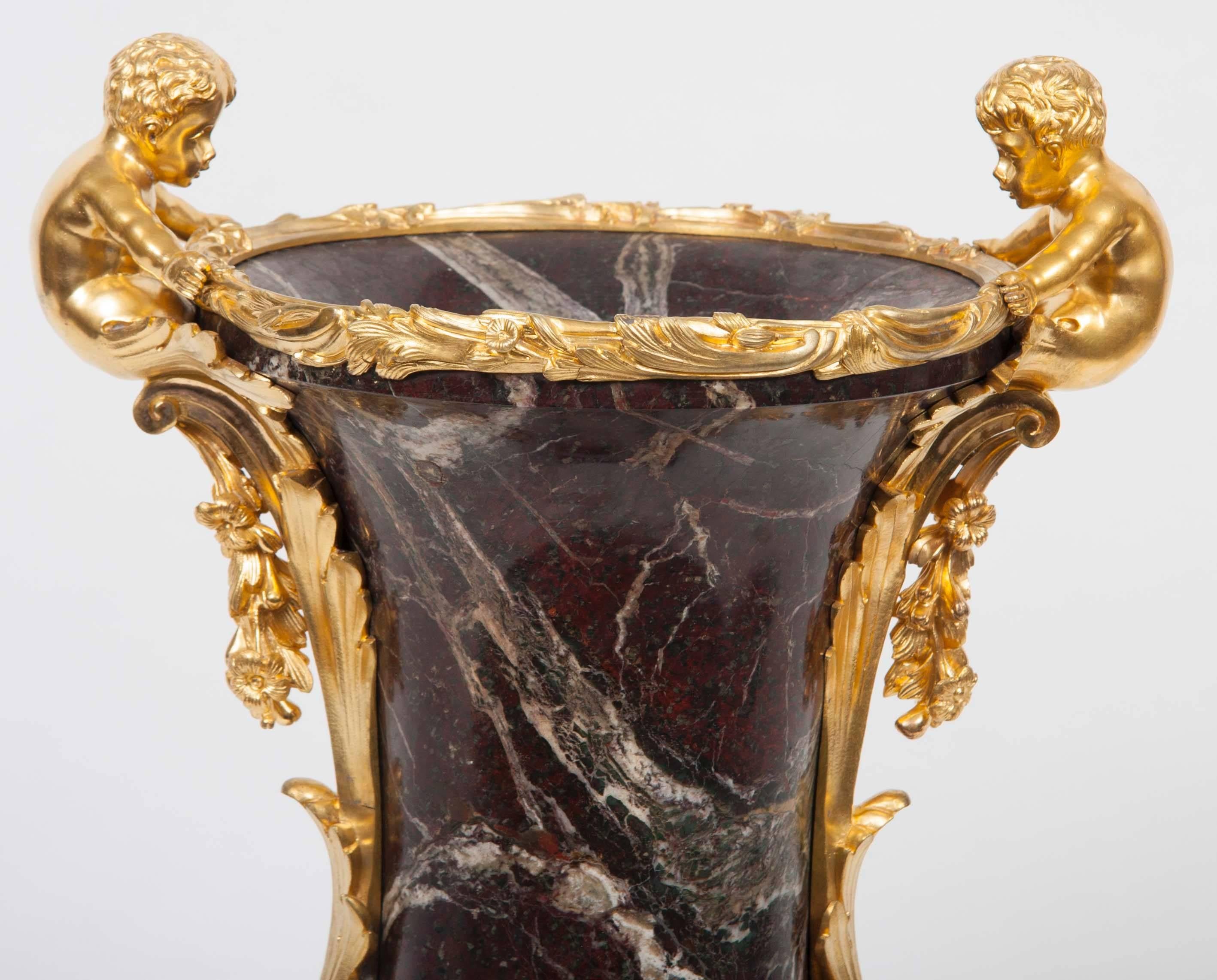 Hand-Carved Pair of French Gilt Bronze Ormolu-Mounted Marble Vase For Sale