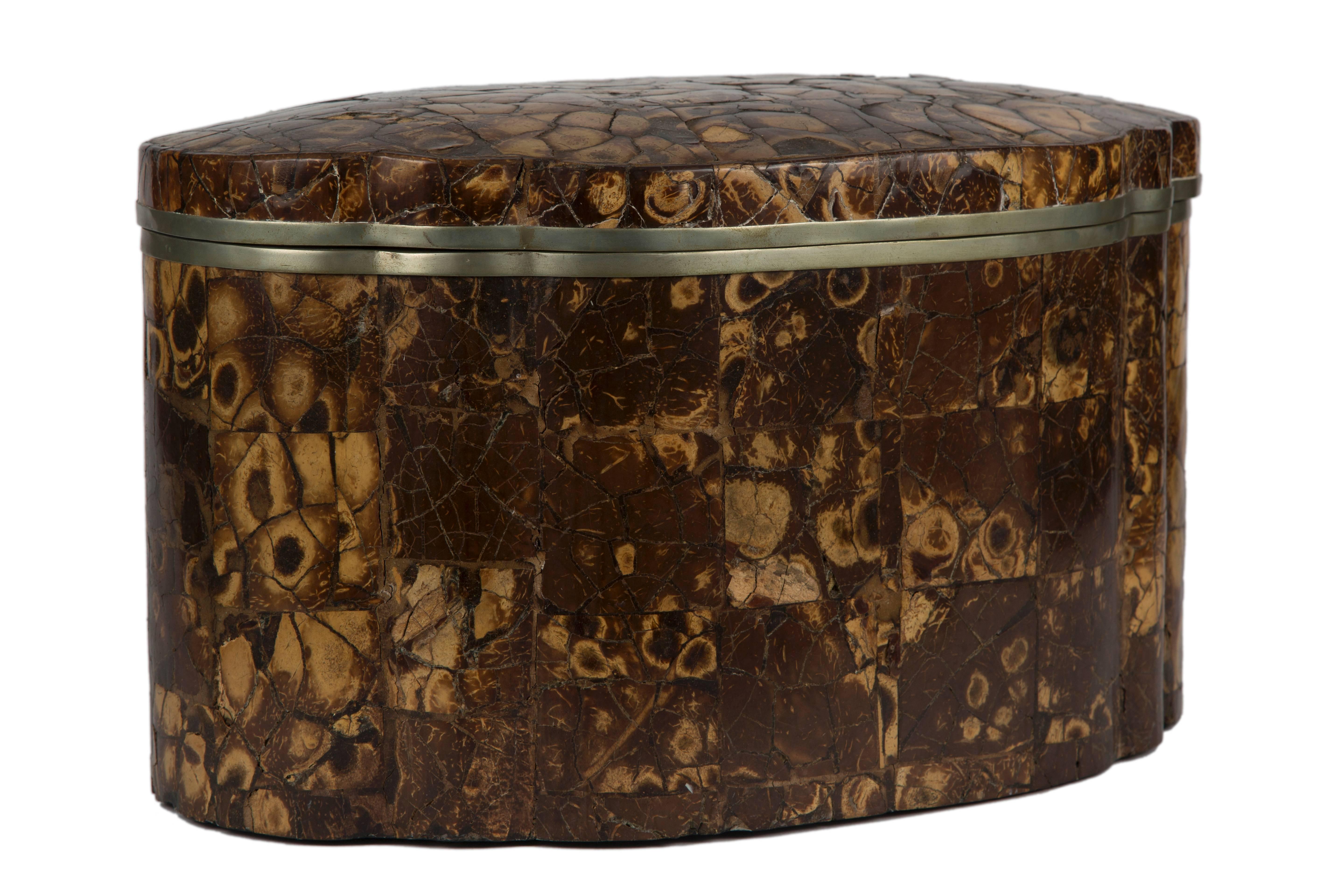 Large lidded tortoiseshell box with metal framing, 
20th century
H 9 in.; W 16 in.; D 10 in.
