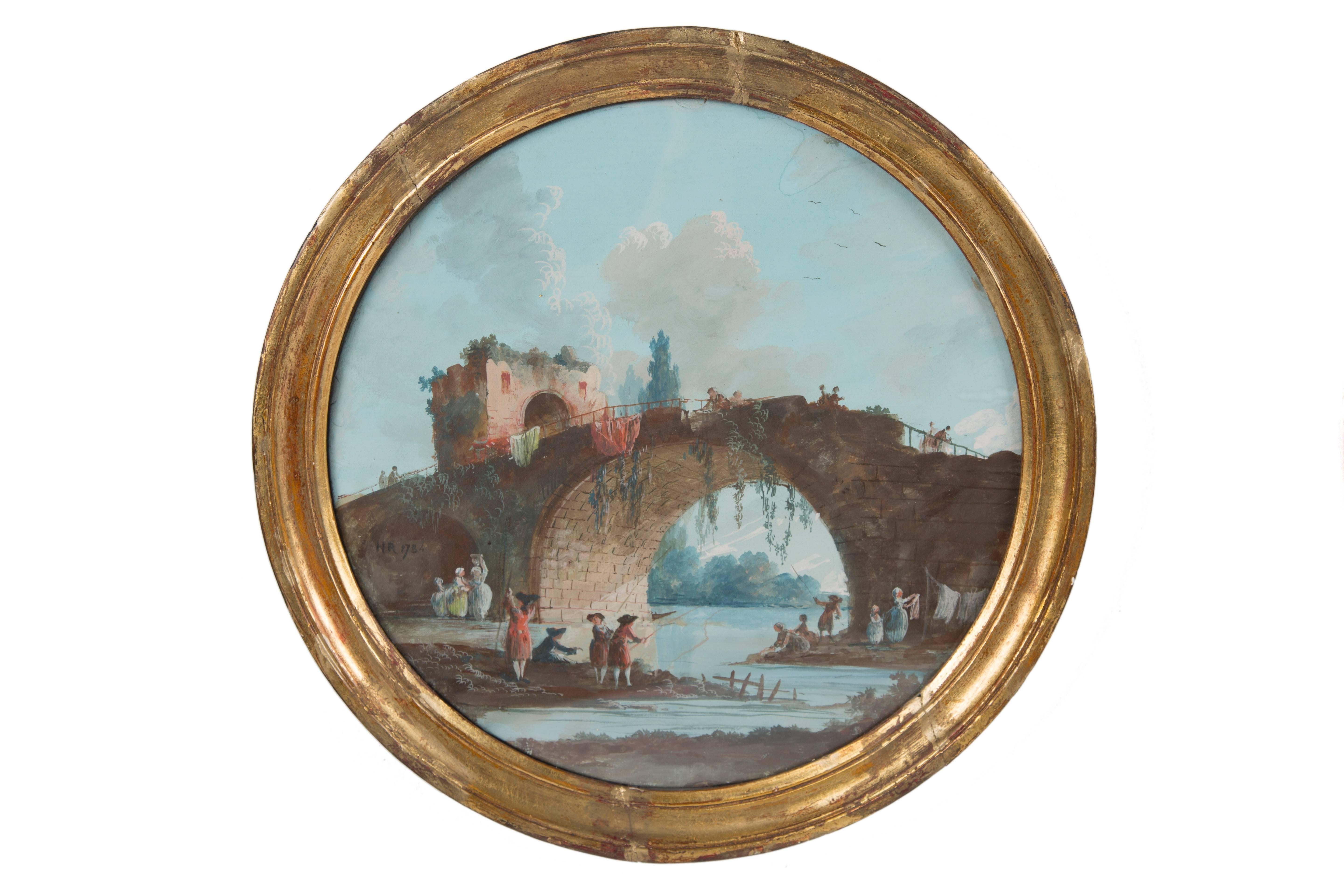 Continental, 18th century.
Pair of landscapes, gouache
Signed HR, dated 1784.
Measures: 11 in. diameter.

 