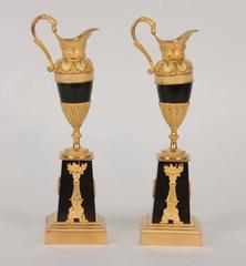 Pair of 19th Century French Neoclassical Patinated and Gilt Bronze Ewers