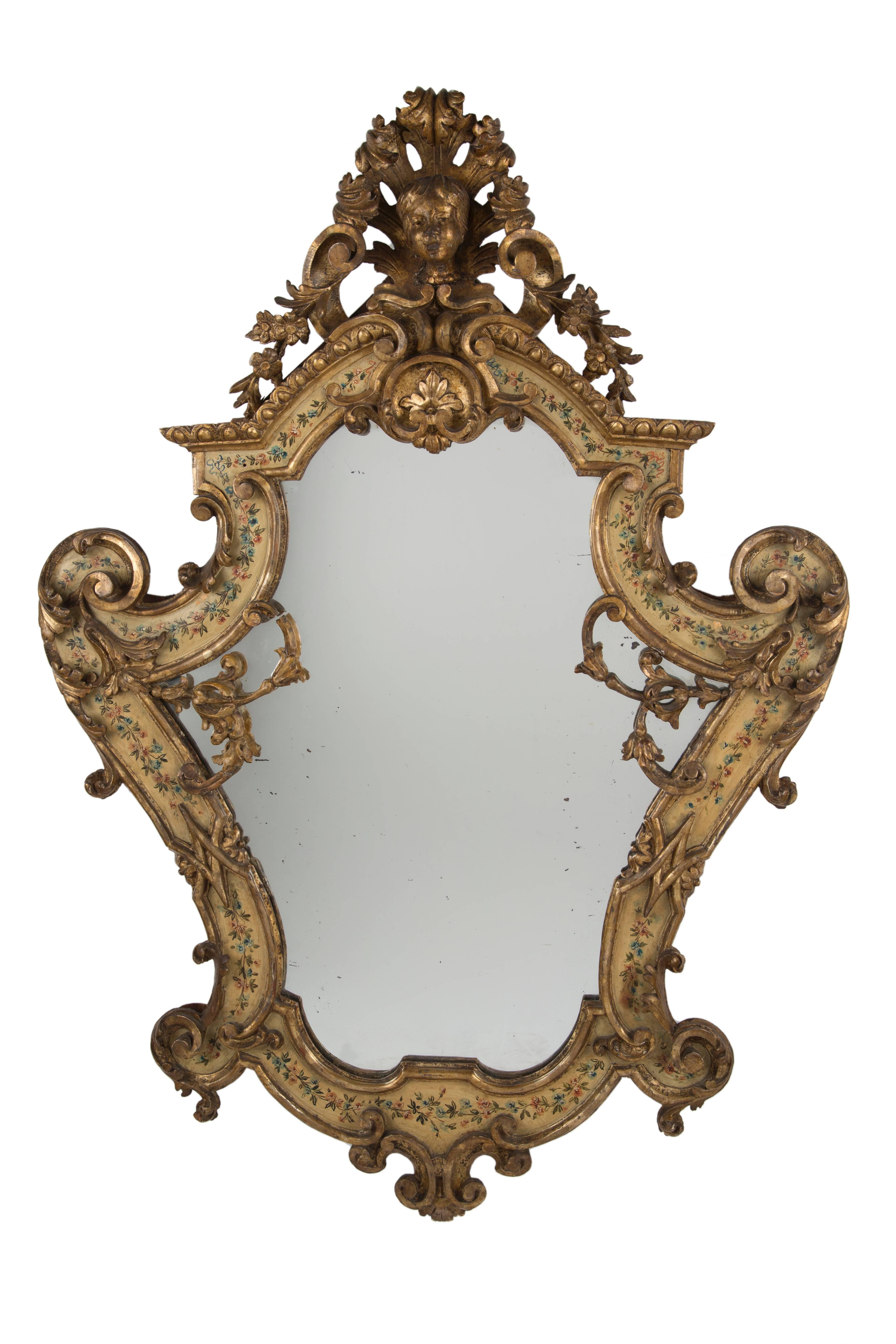 Pair of Venetian Lacca Povera and Polychrome Giltwood Mirrors In Good Condition For Sale In New York, NY
