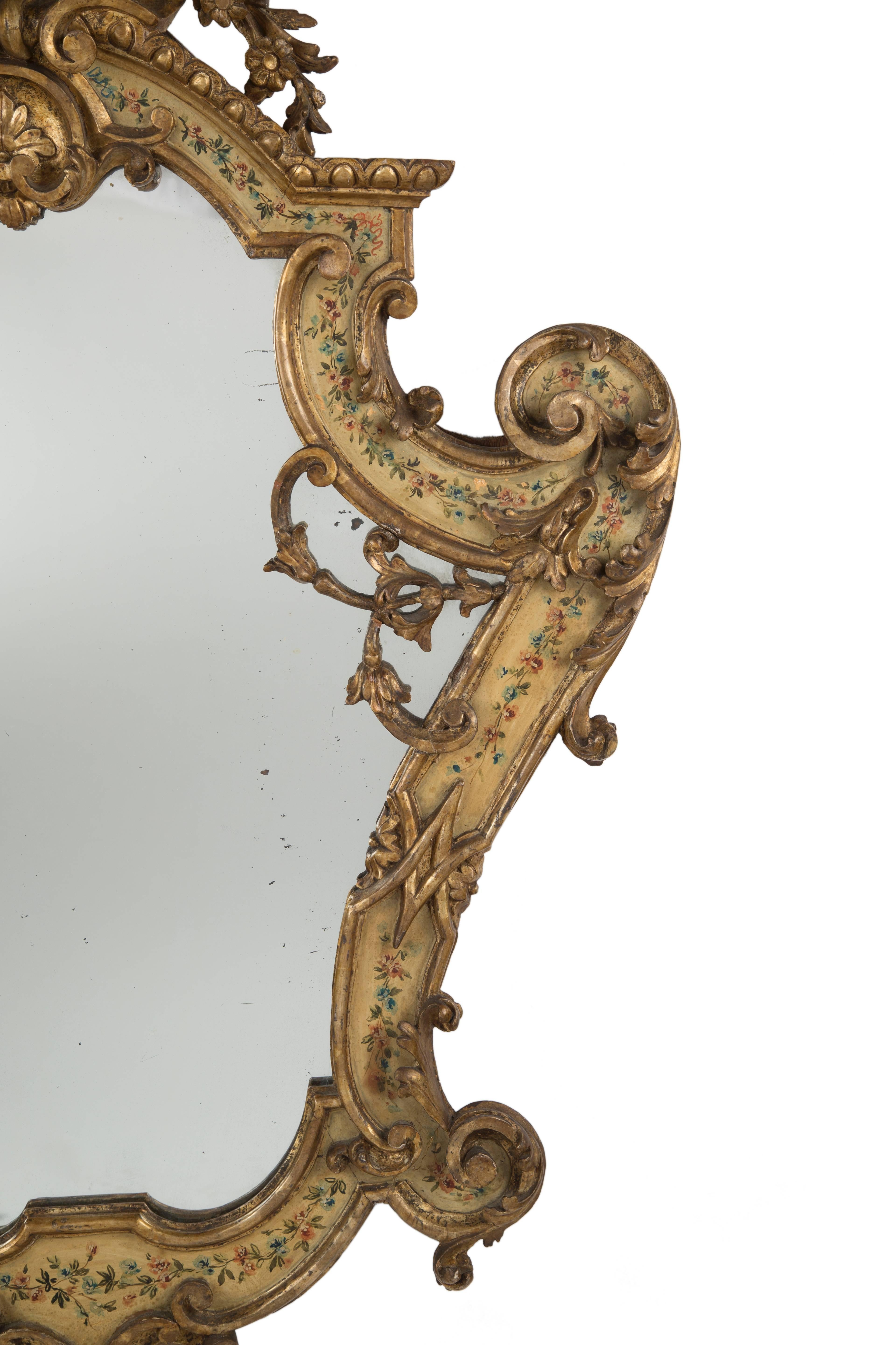 18th Century and Earlier Pair of Venetian Lacca Povera and Polychrome Giltwood Mirrors For Sale
