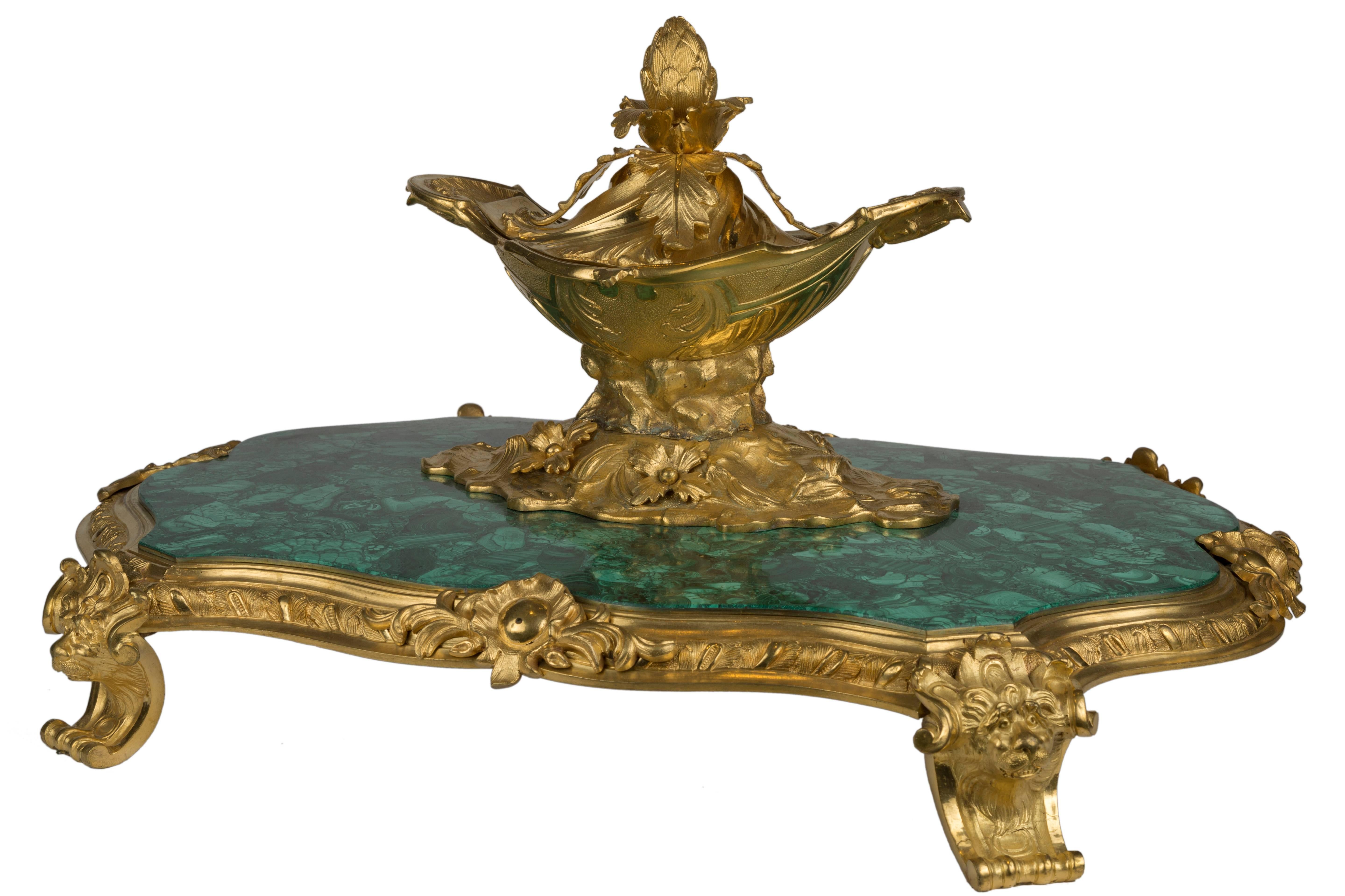 Hand-Carved 19th Century Large Malachite and Ormolu-Mounted Centerpiece For Sale