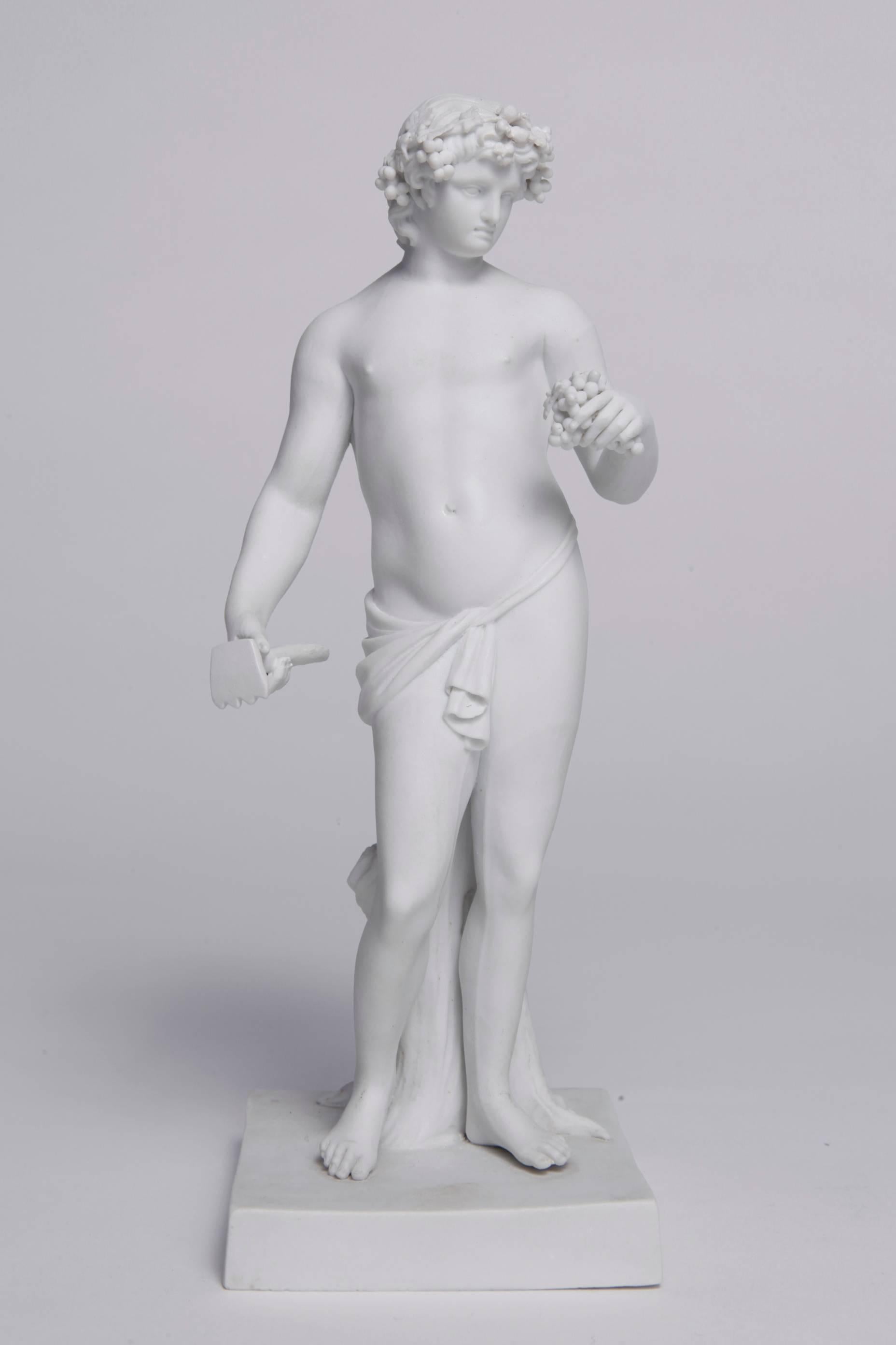 Greek mythological figure of Dionysos, the god of the grape harvest. Youthful sensual portrayal of dionysus, beardless, holding grapes and staff. 

Meissen, Marcolini period (1774-1814).

The Meissen Marcolini period is sought after by