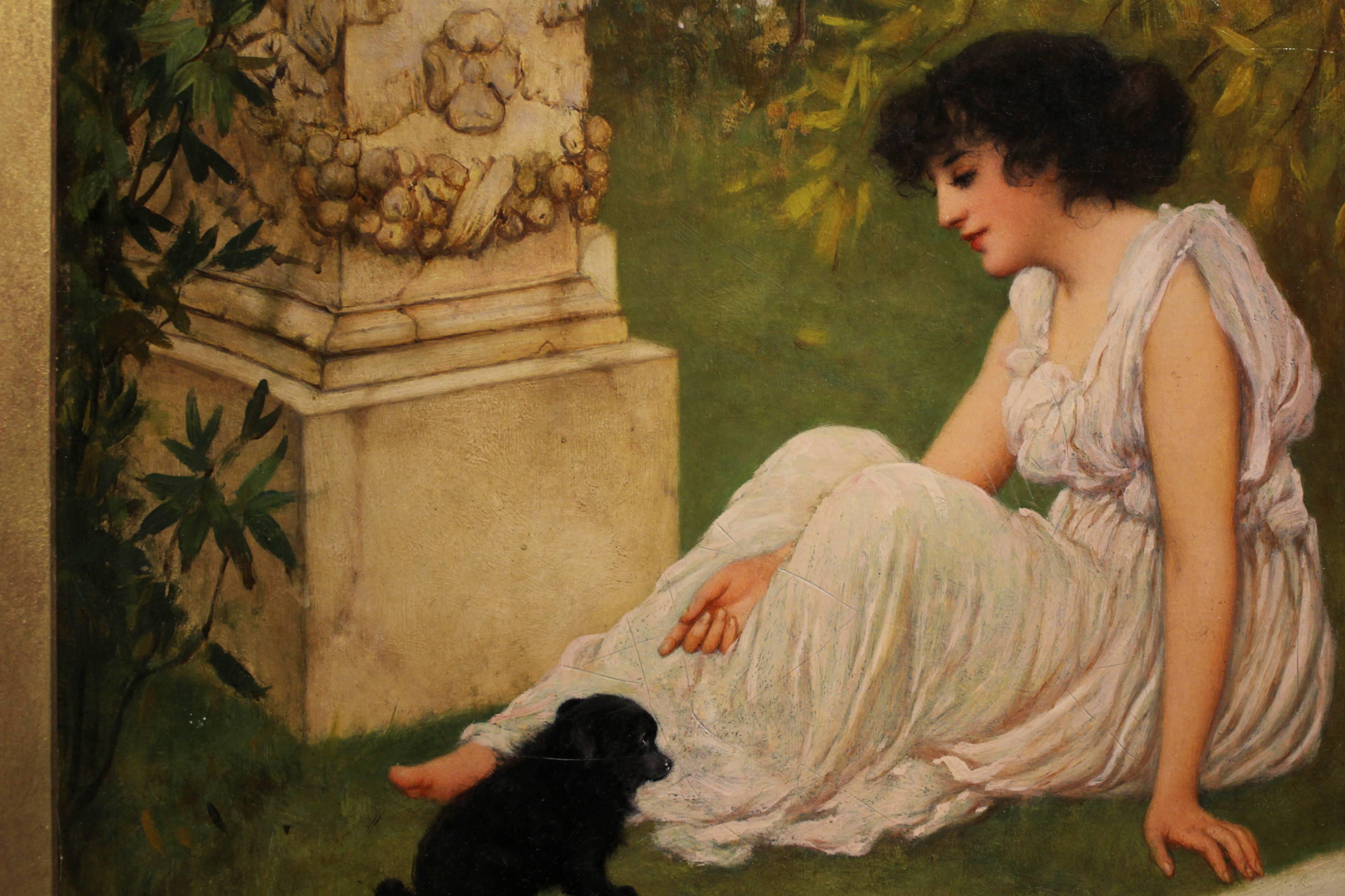 English Oliver Rhys (England, 1876-1898), Lady with Her Puppy in a Garden For Sale