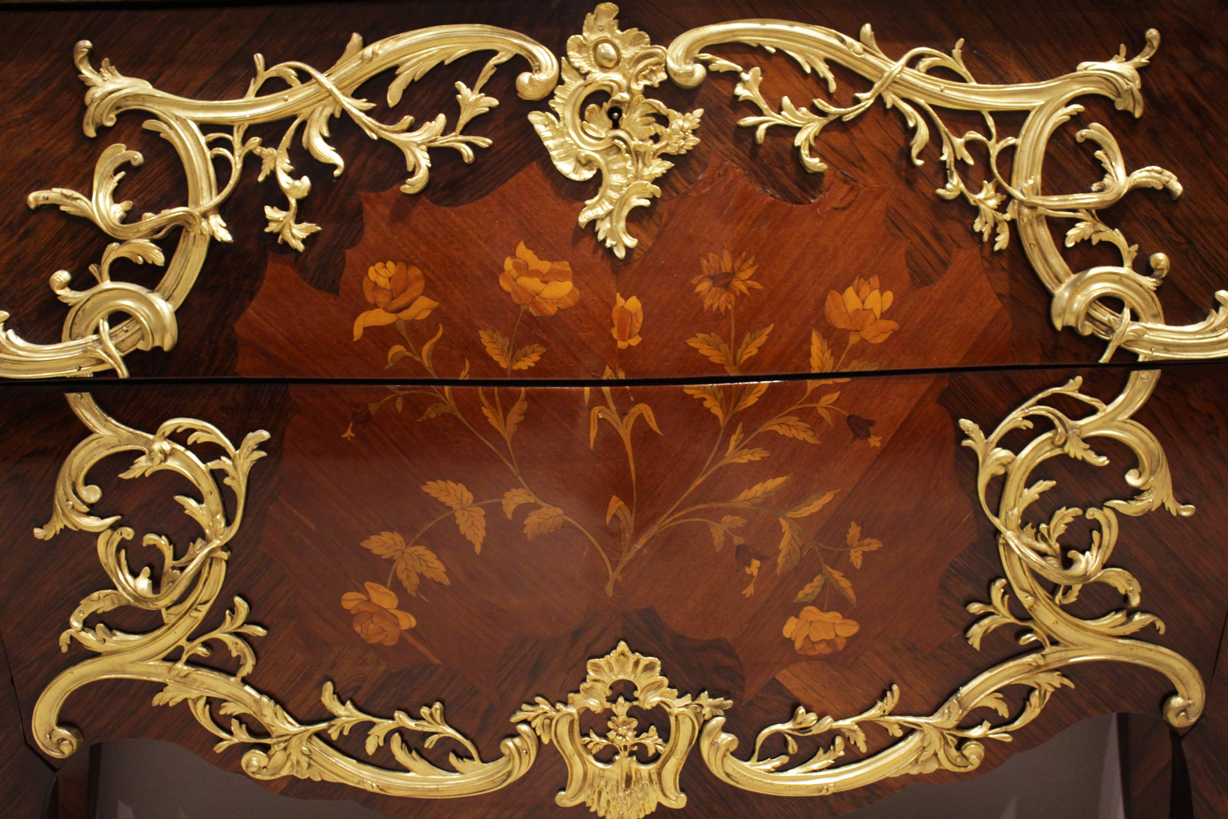 French ormolu-mounted marquetry commode
marble top with gilt bronze mounts, signed.
France, 19th century
Measures: H 33 in.; W 43 in.; D 19 in.

Please note this item is currently located at our Palm Beach location.