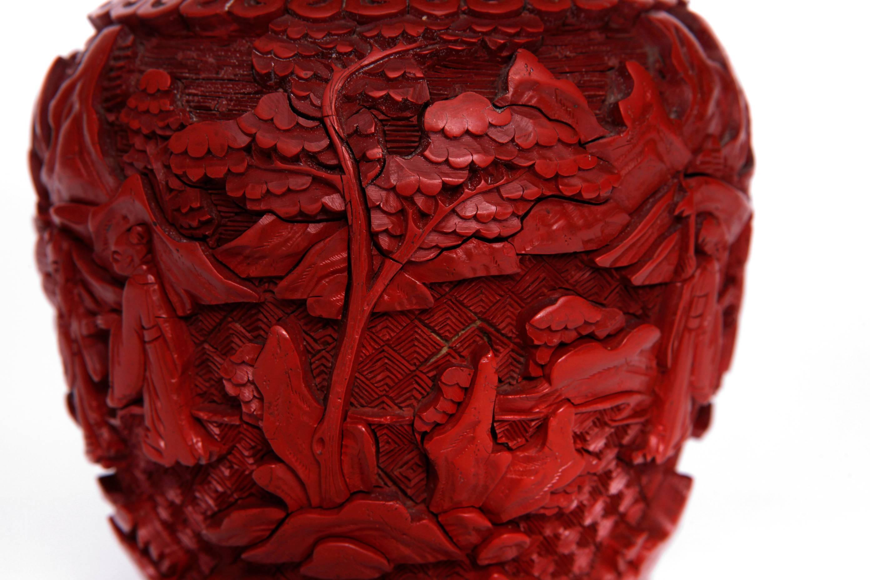 Hand-Carved Pair of Chinese Cinnabar Covered Ginger Jars For Sale