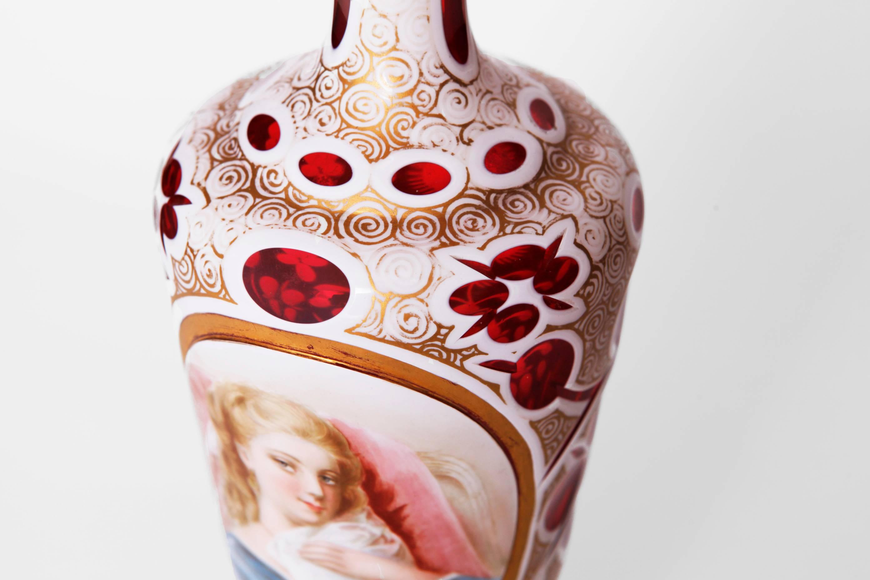 Paire de vases en verre de Bohème représentant des beautés
émaillé à double recouvrement, 
vers 1875
Mesures : H 14 in. (35.6 cm).
 