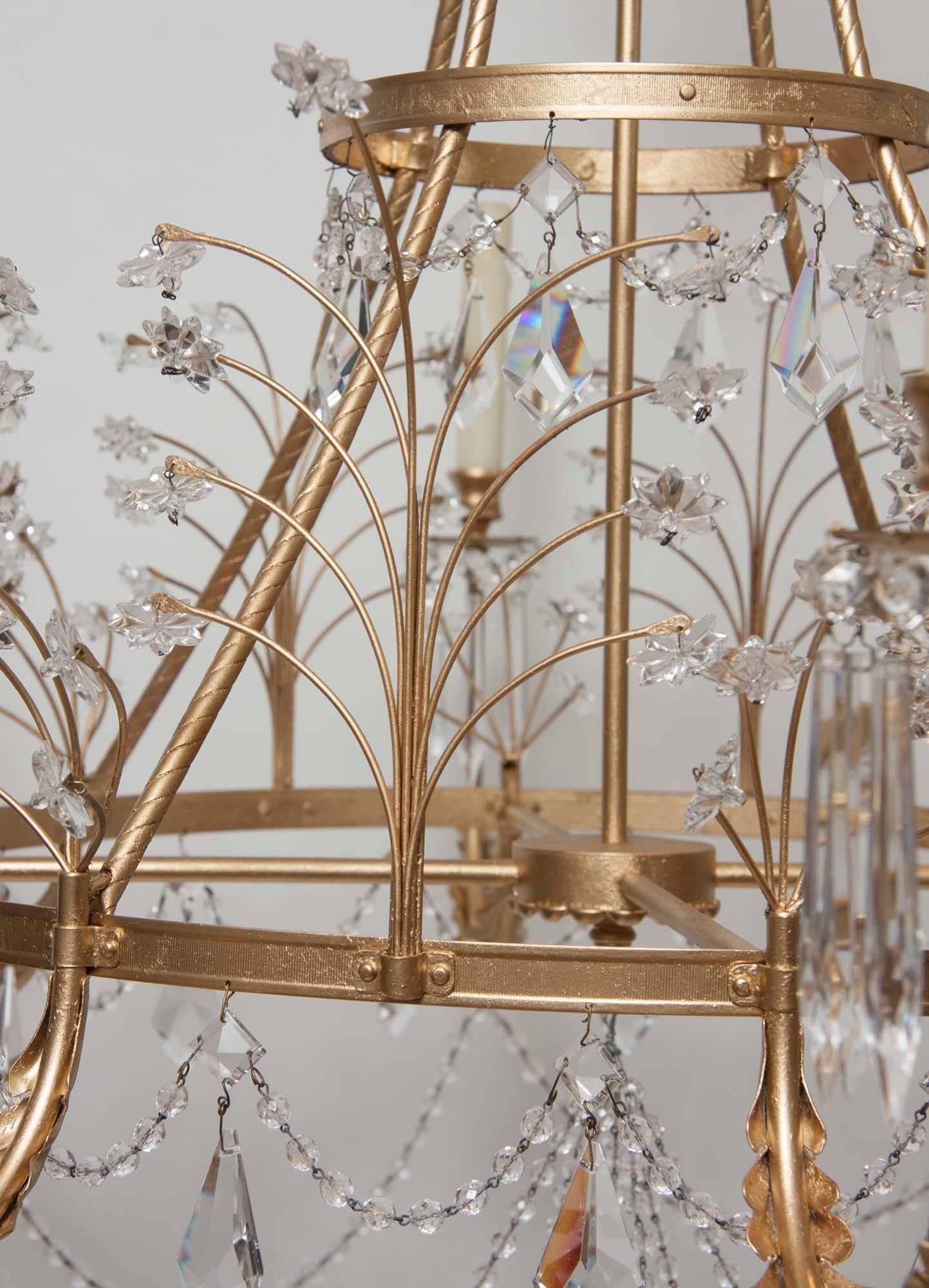 Gold leaf eight-arm crystal chandelier by Niermann Weeks in European style. Perfect condition.