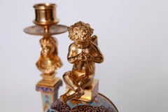 French Champleve Gilt Bronze and Enamel Clock Garniture
