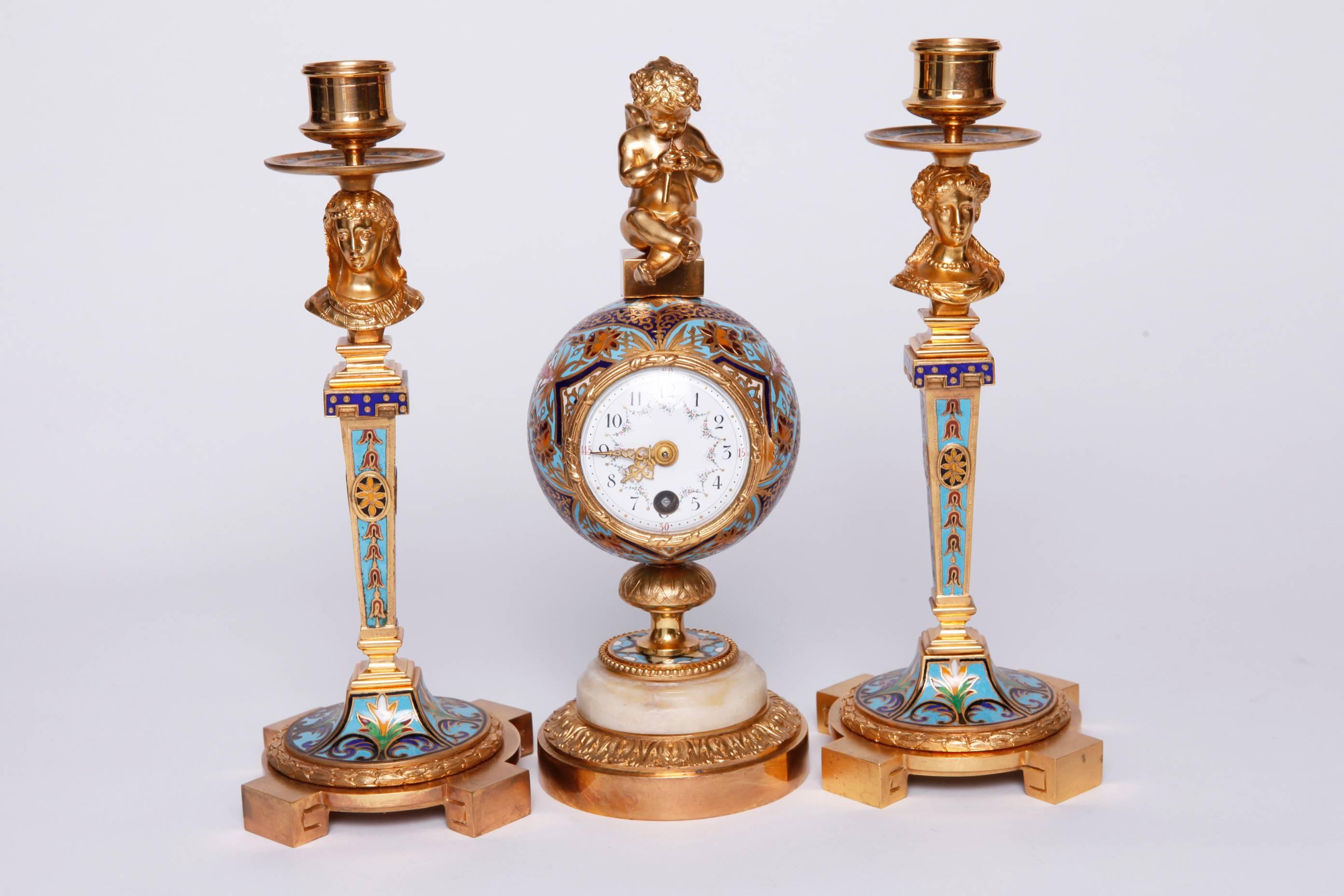 French Champleve Gilt Bronze and Enamel Clock Garniture For Sale 1