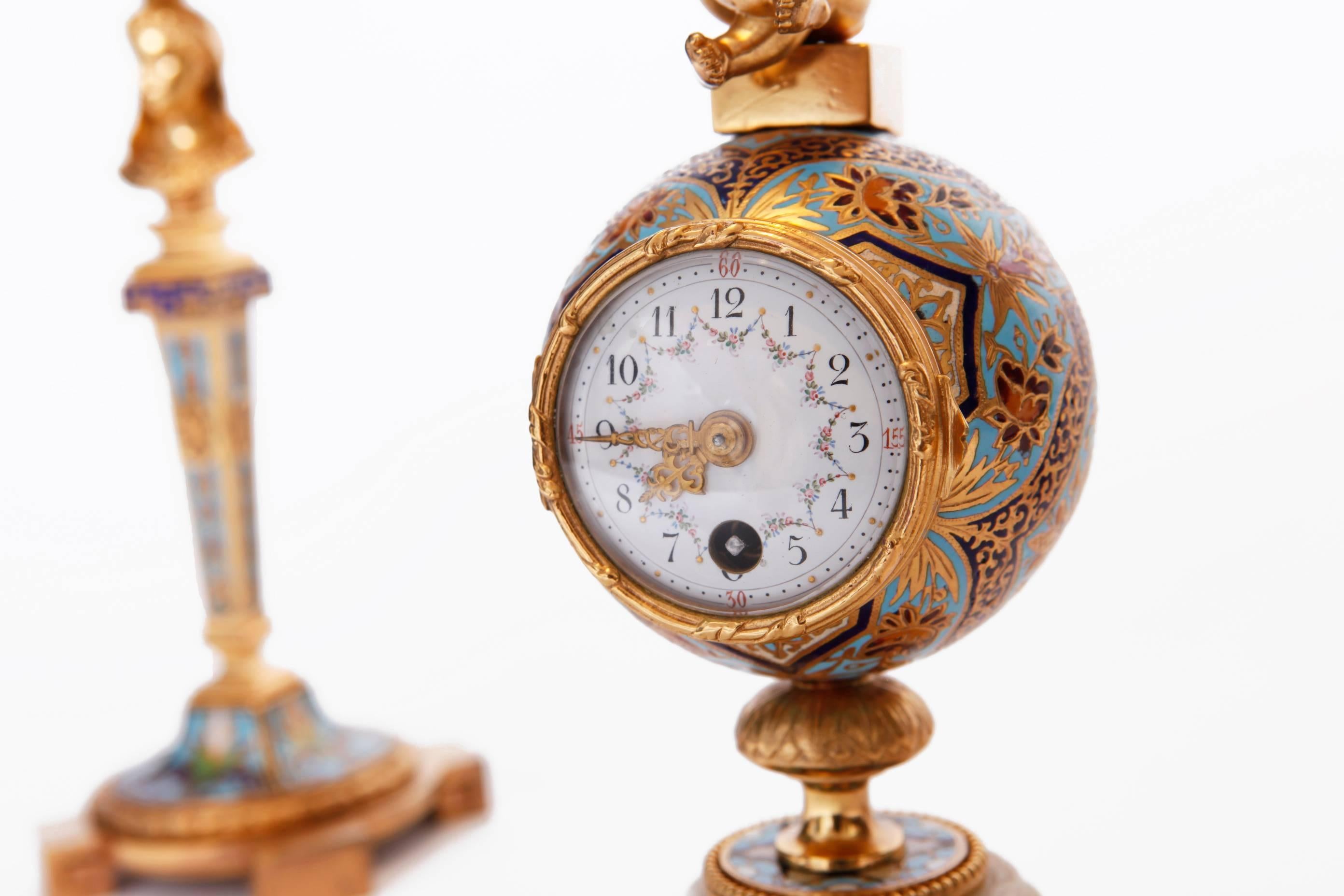 French Champleve Gilt Bronze and Enamel Clock Garniture For Sale 2