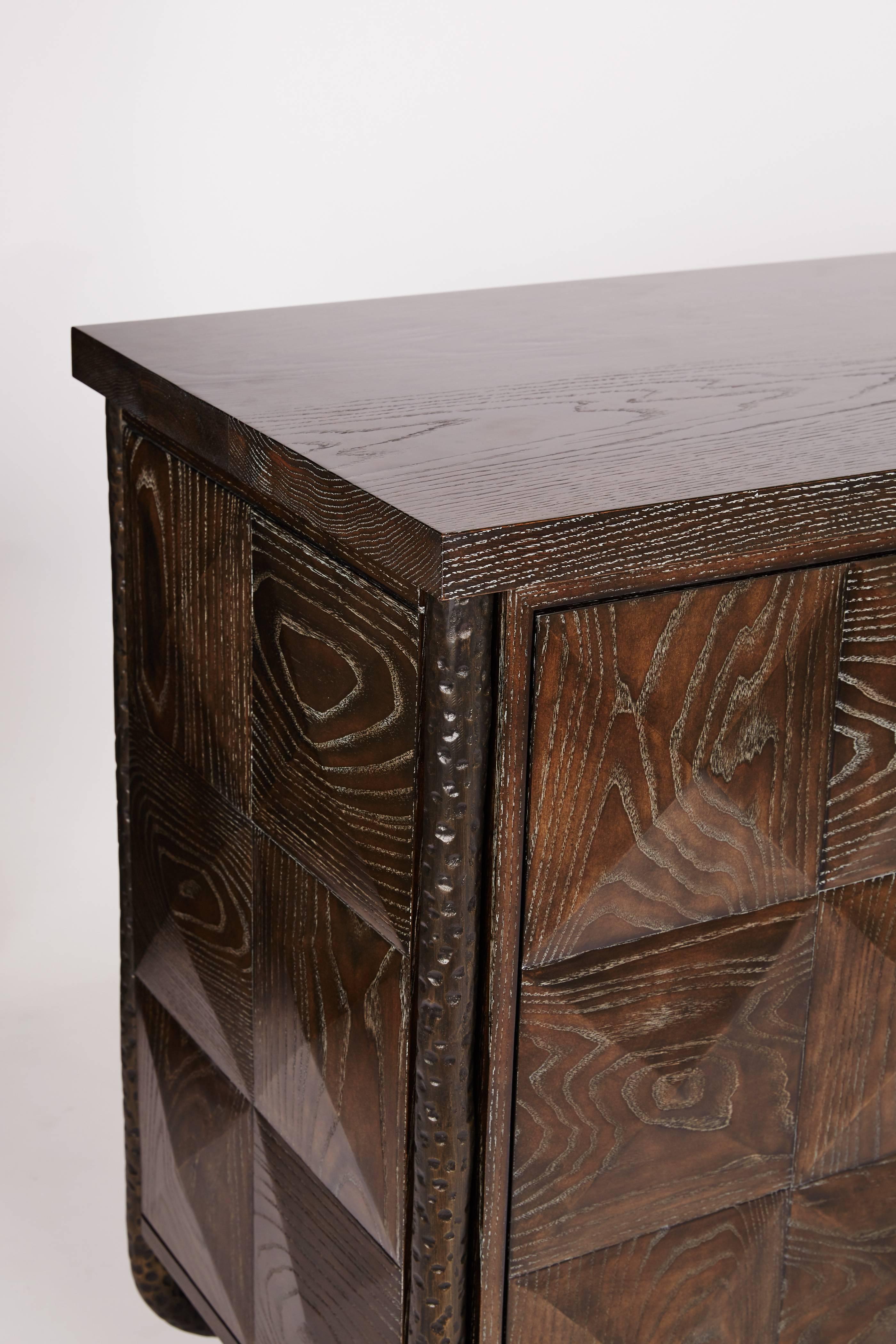 Hammered Faceted Two Door Oak Cabinet with Bronze Base For Sale