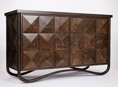 Faceted Two Door Oak Cabinet with Bronze Base