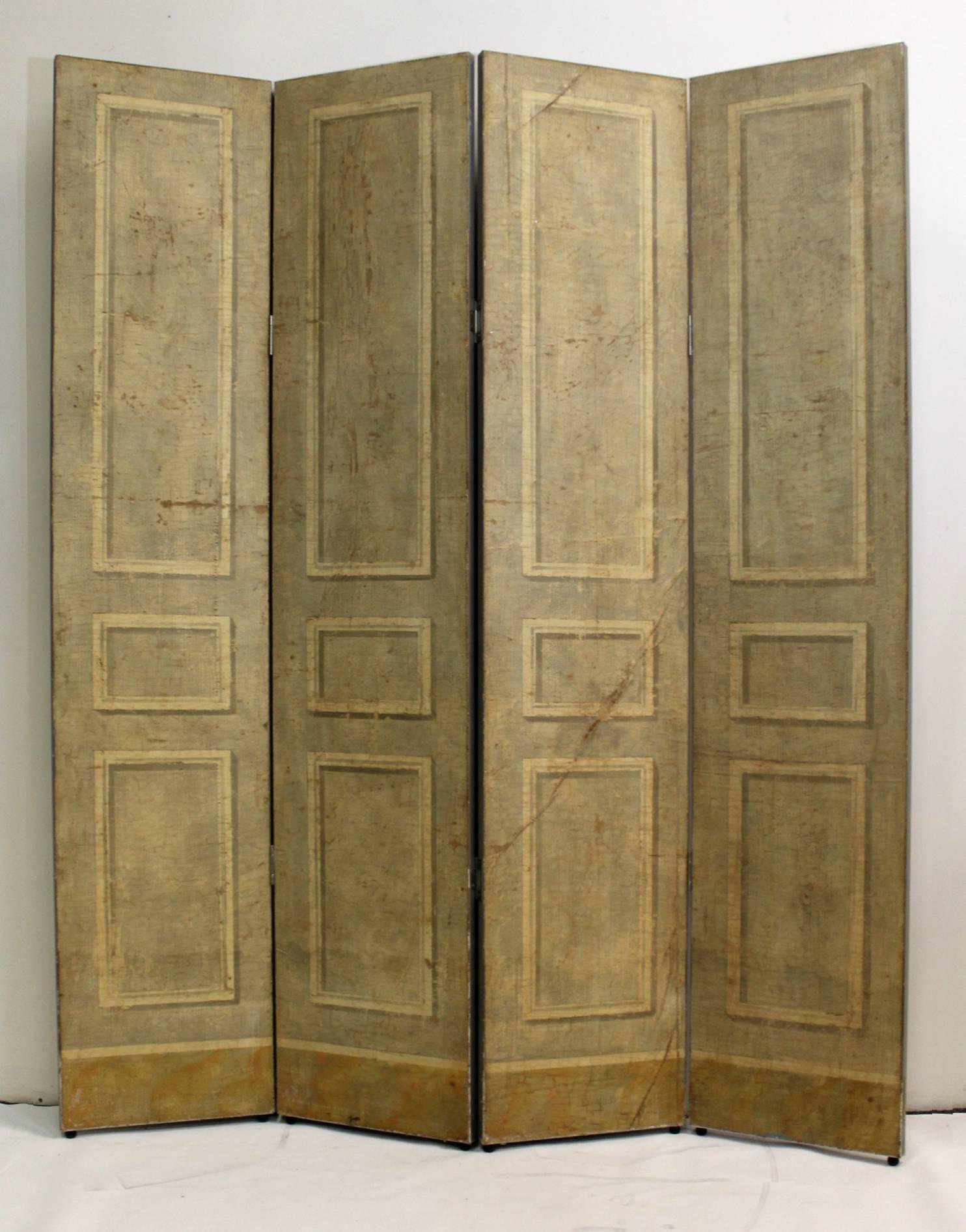 Hand-painted trompe l'oeil fresco applied to wooden panels. Has beautiful, aged patina. Handmade by artist Jacques Lamy in the 1990s.

Dimensions open: 79.5
