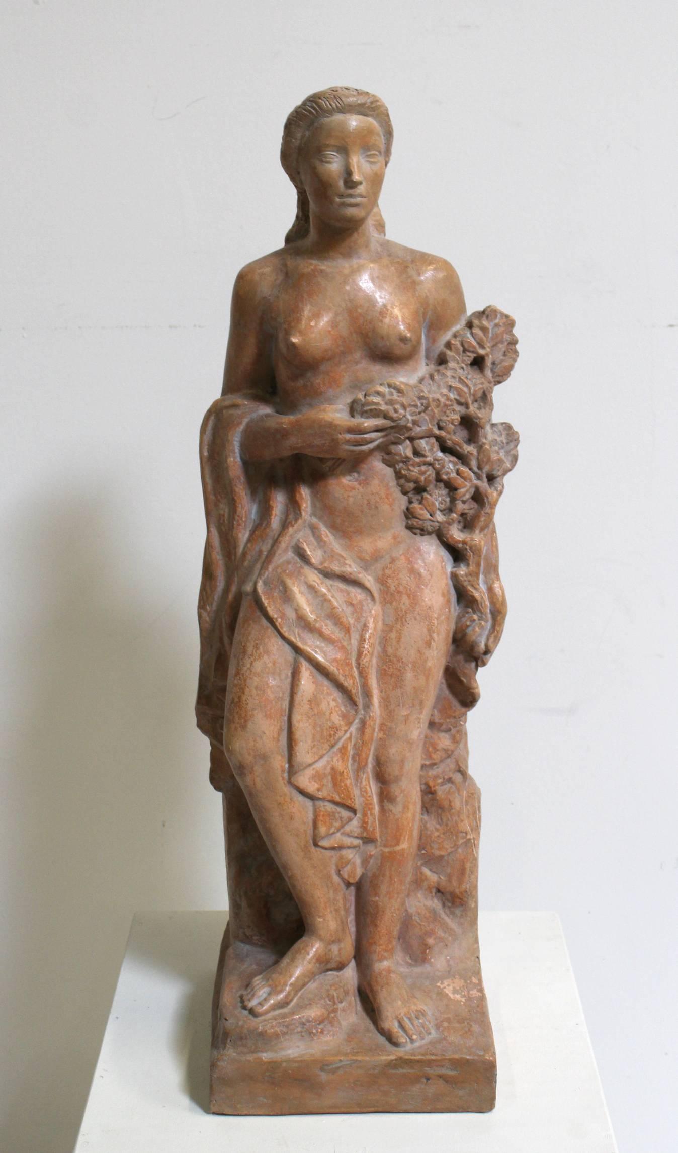 Two Art Deco plaster sculptures of young women and agricultural symbols by Denis Gelin (1896-1979). Gelin is known for his long partnership with famous French architect, Jacques Carlu during the 1920s and 1930s. Gelin produced sculptures and statues