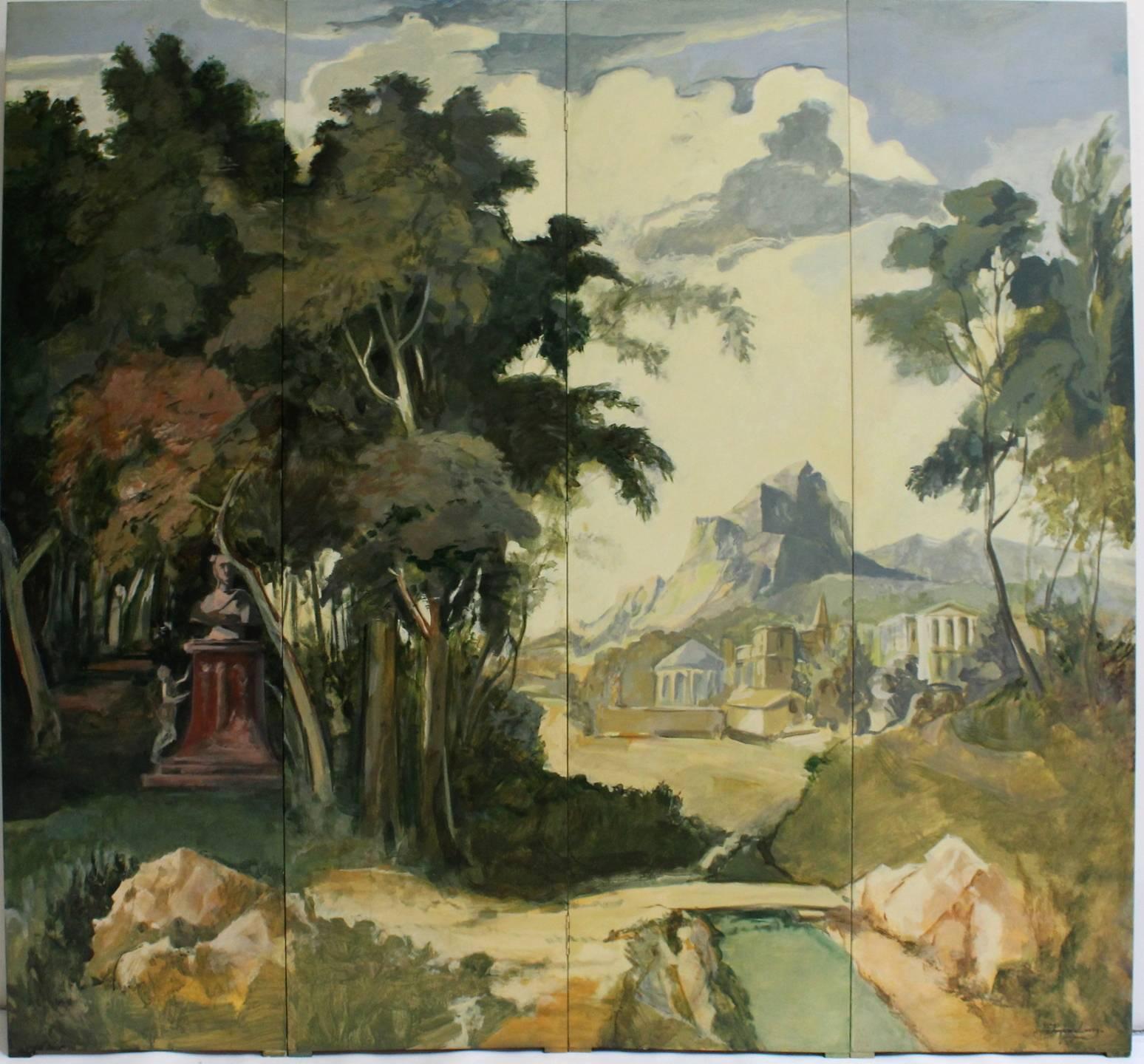 Hand-painted landscape of ruins flanked by mountains in romantic Renaissance style. Painted by artist Jacques Lamy in the 1990s.

Measures: 78.5