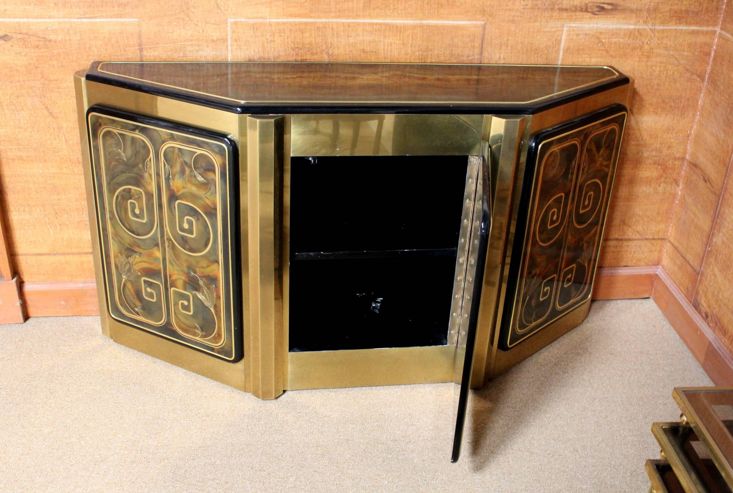 Mid-Century Modern Bernhard Rohne for Mastercraft Etched Brass Demilune Console Cabinet
