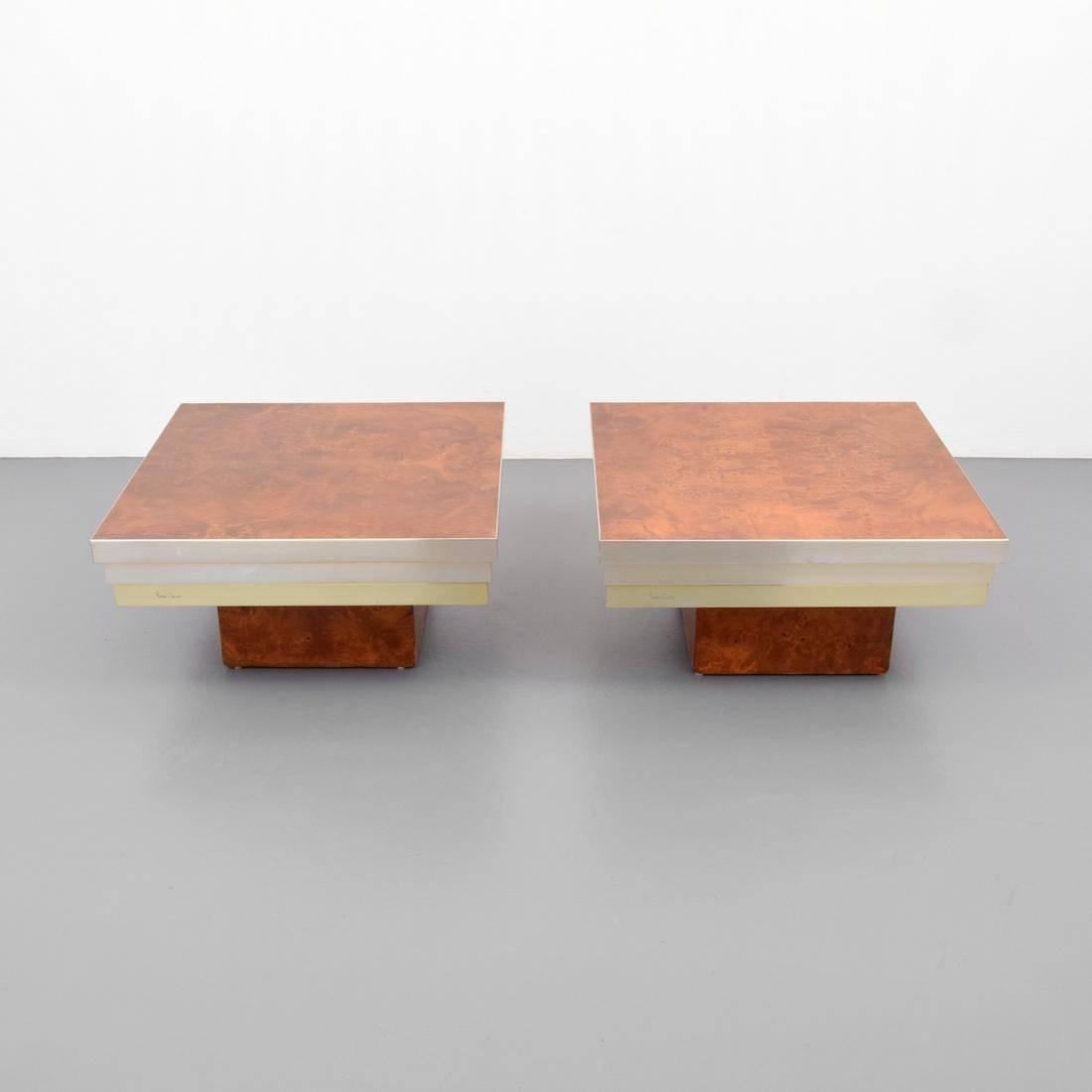 Stunning pair of side tables with burl wood top and base and graduated chrome edge with light brass band on bottom by Pierre Cardin, both signed.

  