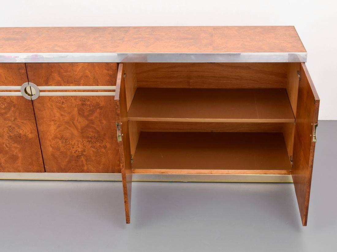 Mid-Century Modern Pierre Cardin Burl Wood and Chrome and Brass Credenza, Signed For Sale