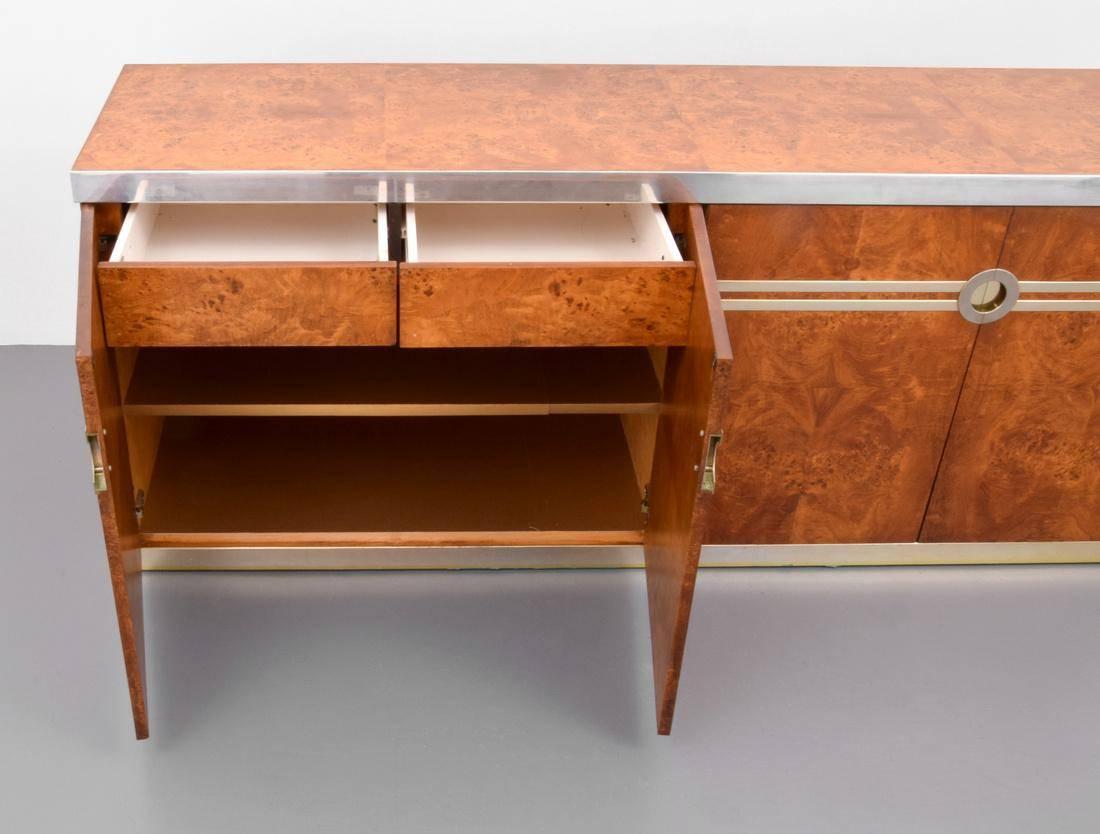 American Pierre Cardin Burl Wood and Chrome and Brass Credenza, Signed For Sale