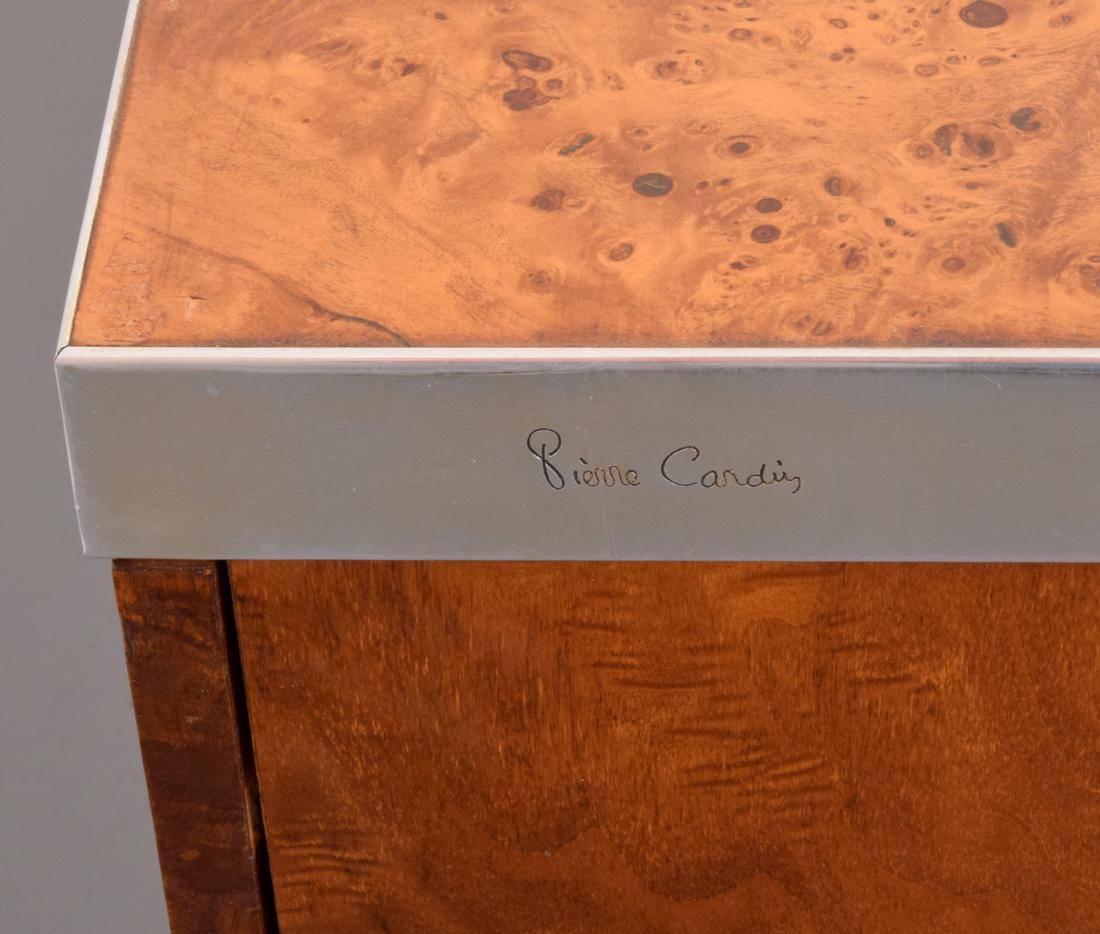Pierre Cardin Burl Wood and Chrome and Brass Credenza, Signed In Good Condition For Sale In Dallas, TX