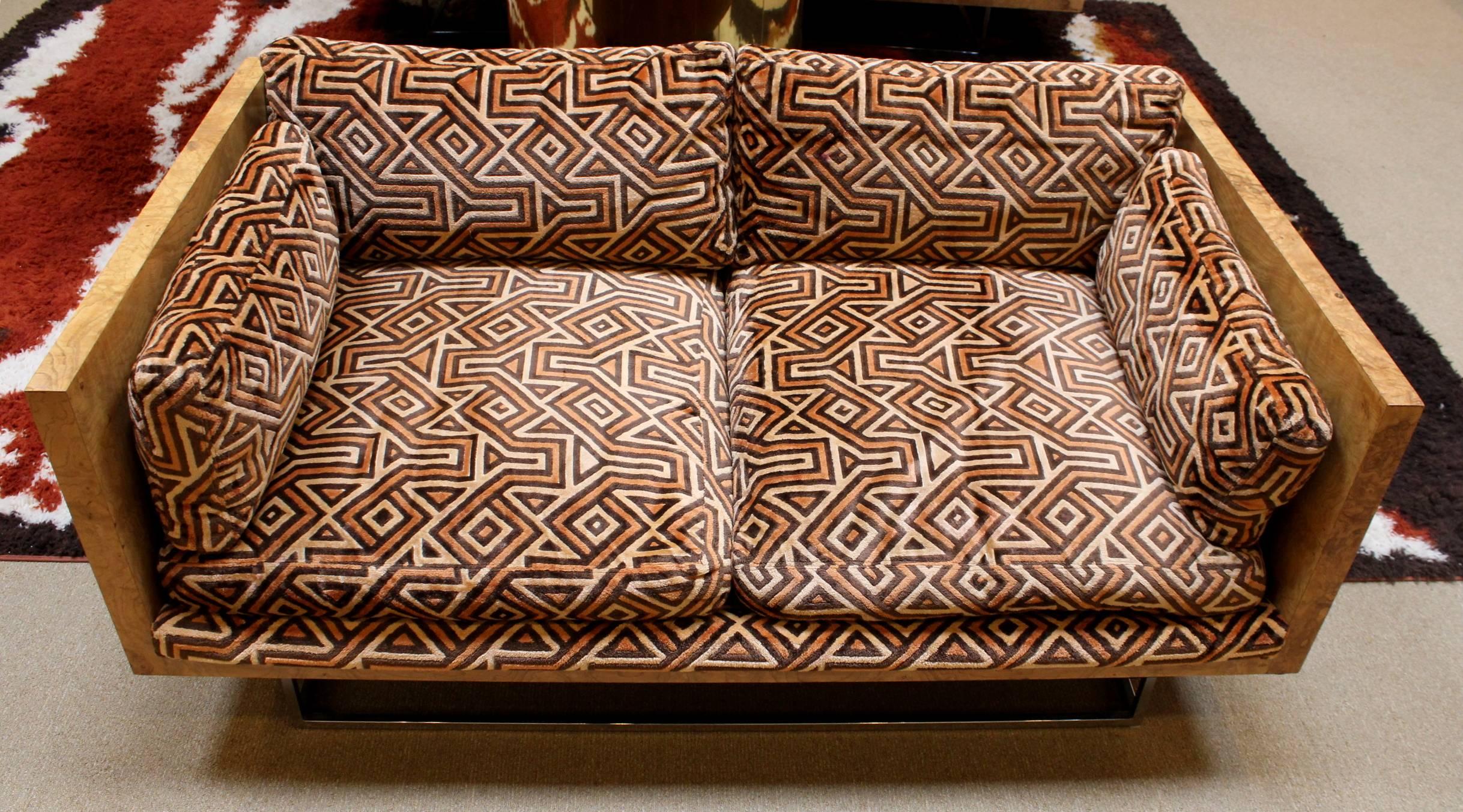 Mid-Century Modern Milo Baughman Burl Wood and Chrome Case Loveseat with Larsen Upholstery
