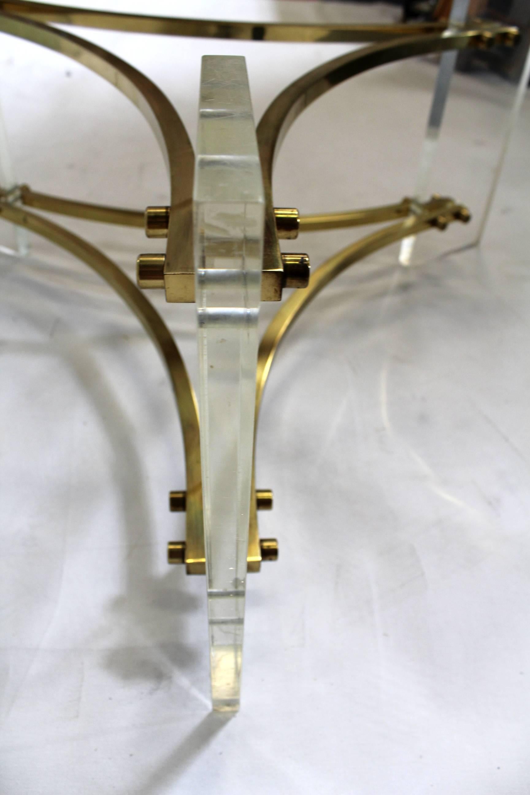 Glass Mid-Century Brushed Brass and Acrylic Coffee Table by Charles Hollis Jones