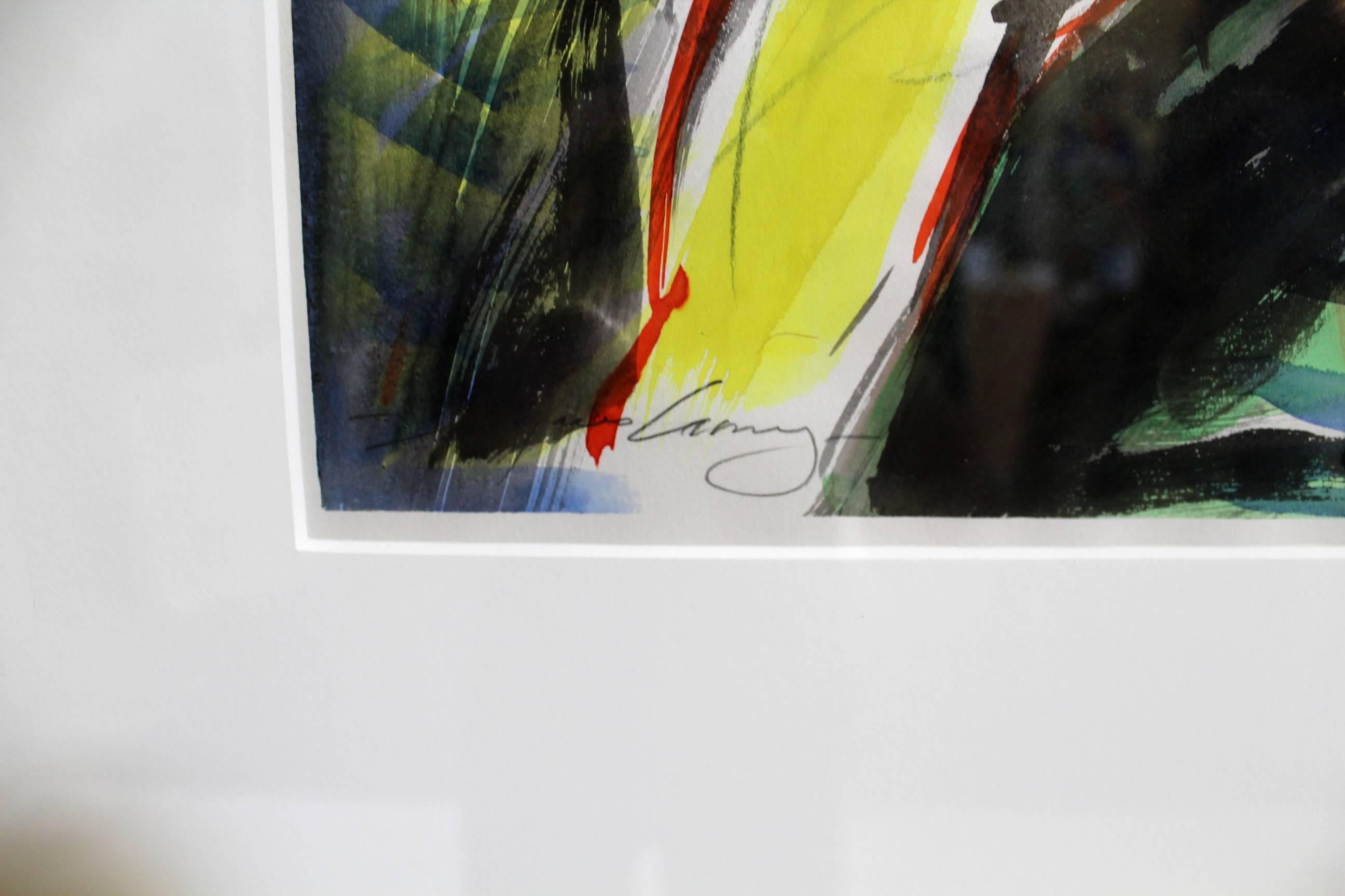 Post-Modern Framed, Abstract Watercolor on Paper by Artist Jacques Lamy For Sale