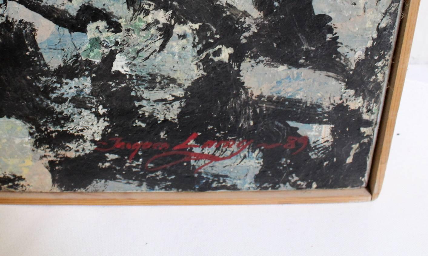 20th Century Large Abstract Expressionist Painting in Black and Green by Artist Jacques Lamy For Sale