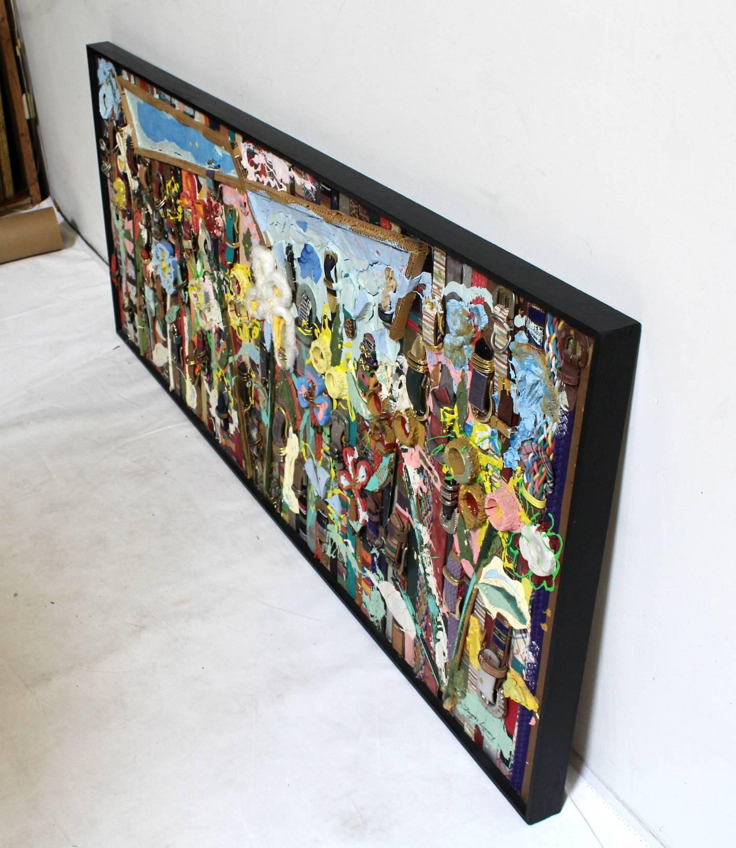 Amazing found-object painting by French-American Artist, Jacques Lamy. Made of belts, cut paint rollers, plastic bottles, corrugated cardboard, acrylic paint, oil paint and plaster. Signed, bottom right. 

Measures: 72" wide by 30" tall